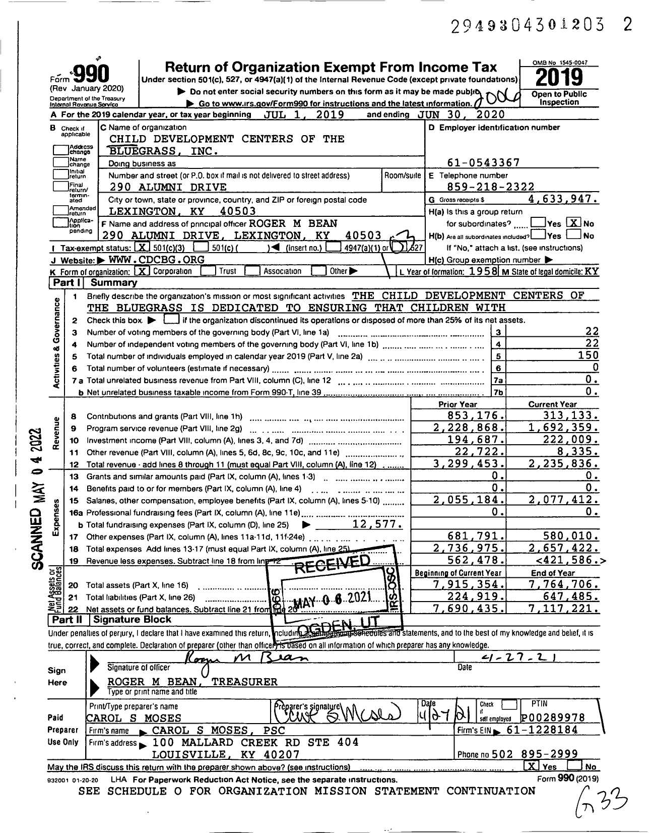 Image of first page of 2019 Form 990 for Child Development Centers of the Bluegrass