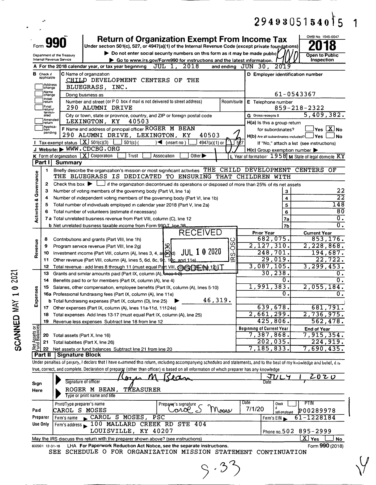 Image of first page of 2018 Form 990 for Child Development Centers of the Bluegrass