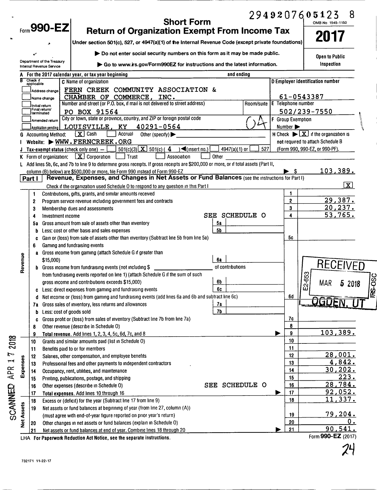 Image of first page of 2017 Form 990EO for Fern Creek Community Association and Chamber of Commerce