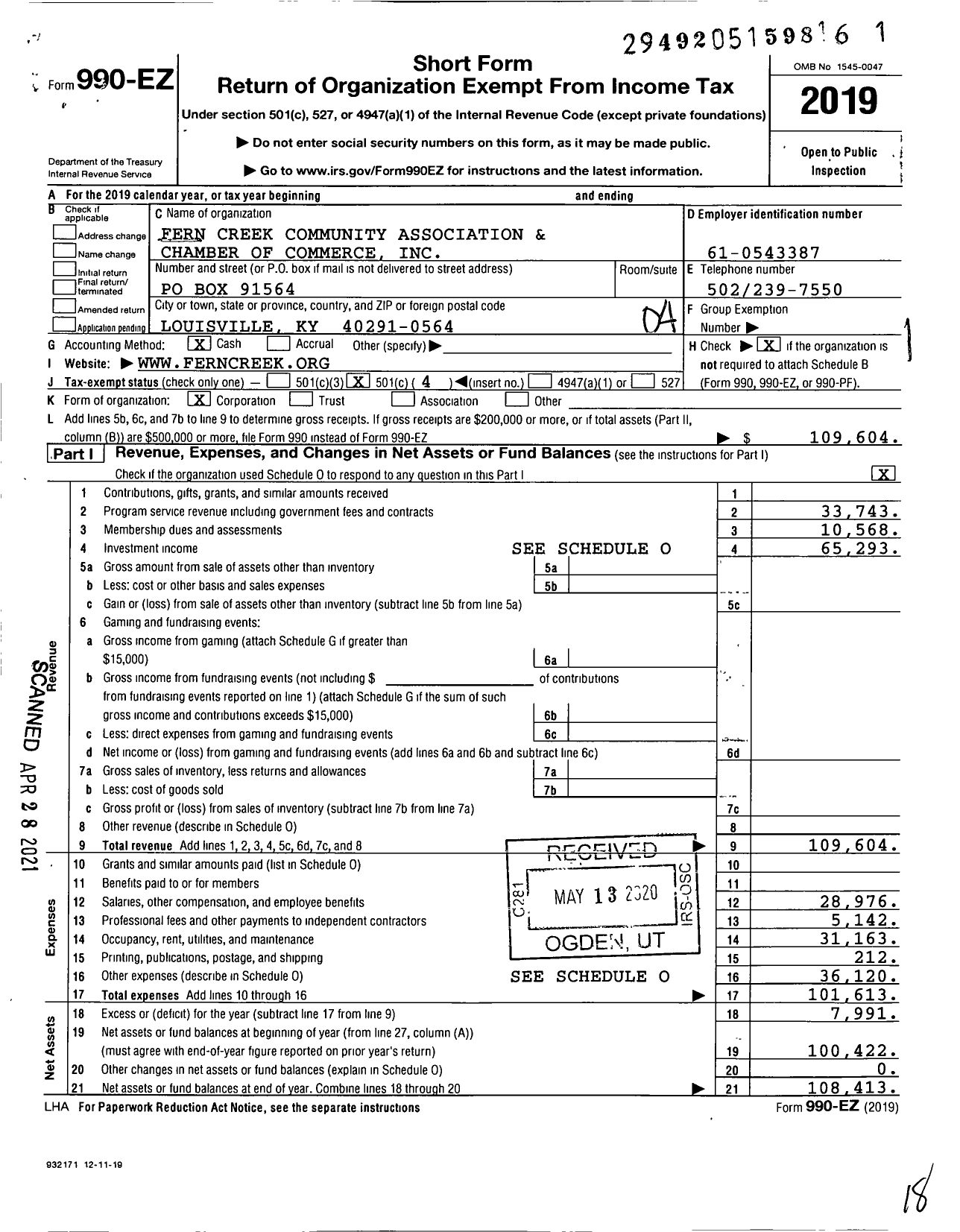 Image of first page of 2019 Form 990EO for Fern Creek Community Association and Chamber of Commerce