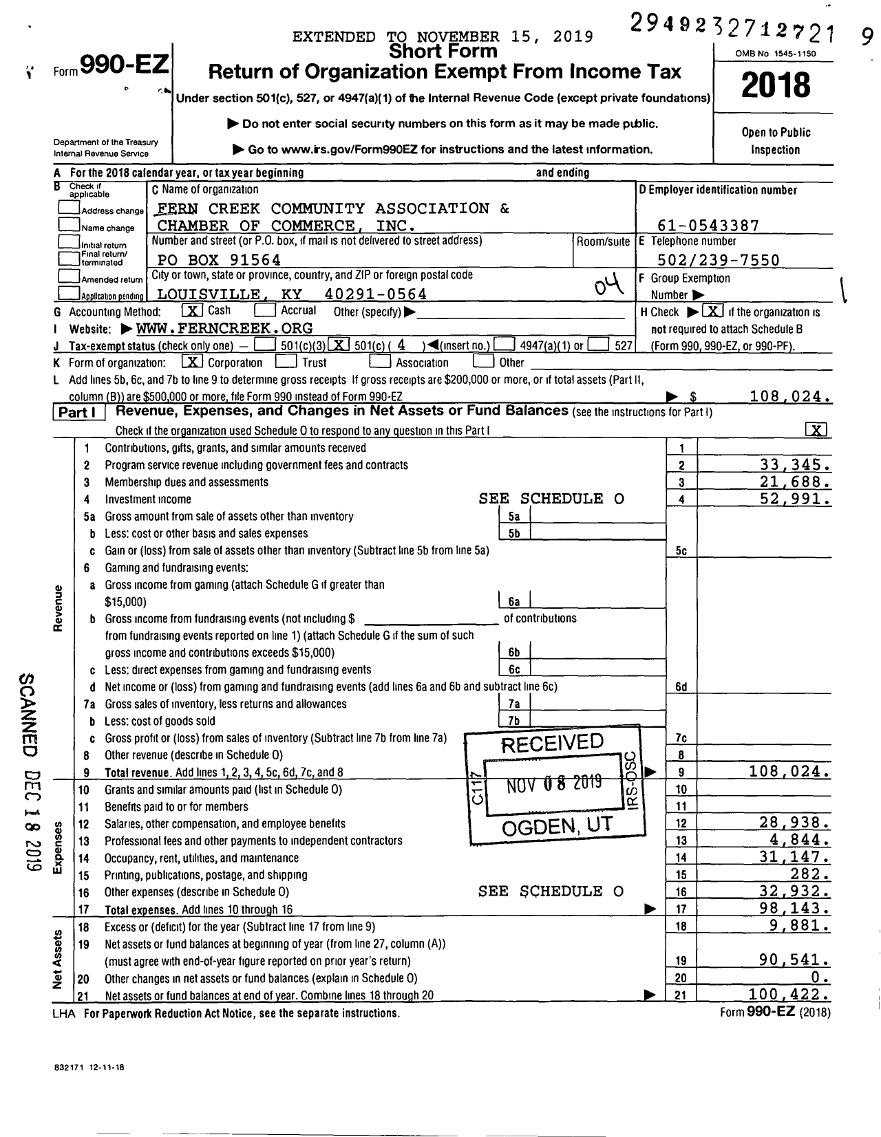 Image of first page of 2018 Form 990EO for Fern Creek Community Association and Chamber of Commerce