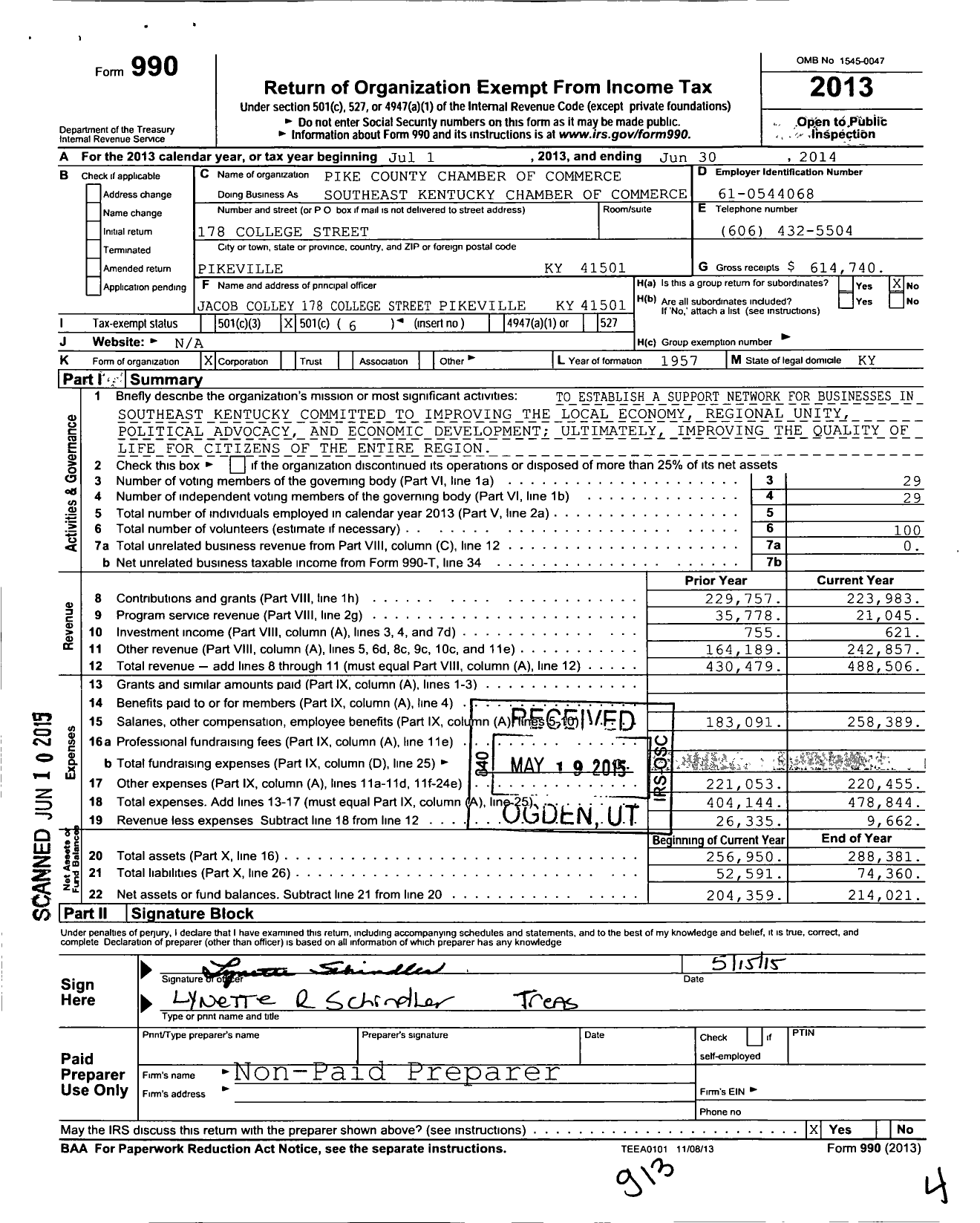 Image of first page of 2013 Form 990O for Southeast Kentucky Chamber of Commerce