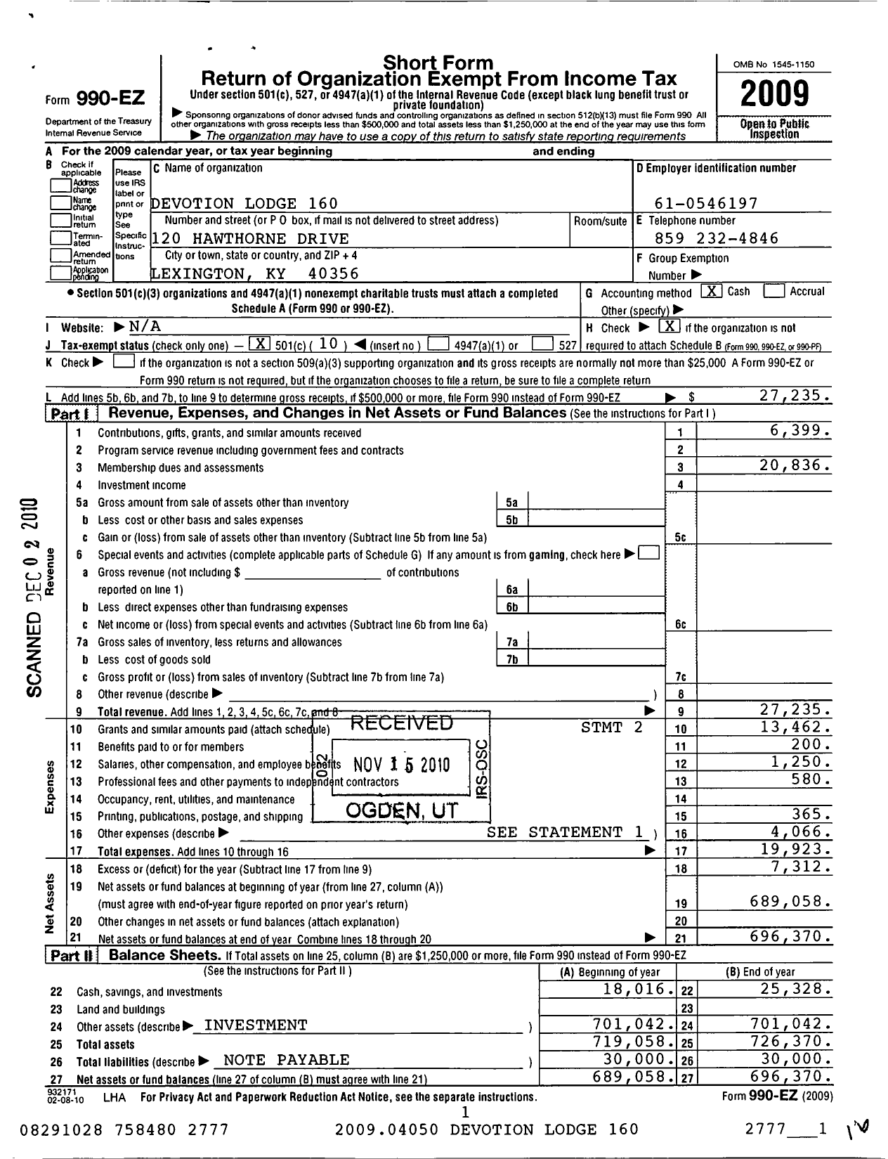 Image of first page of 2009 Form 990EO for Free and Accepted Masons of Kentucky - 160 Devotion