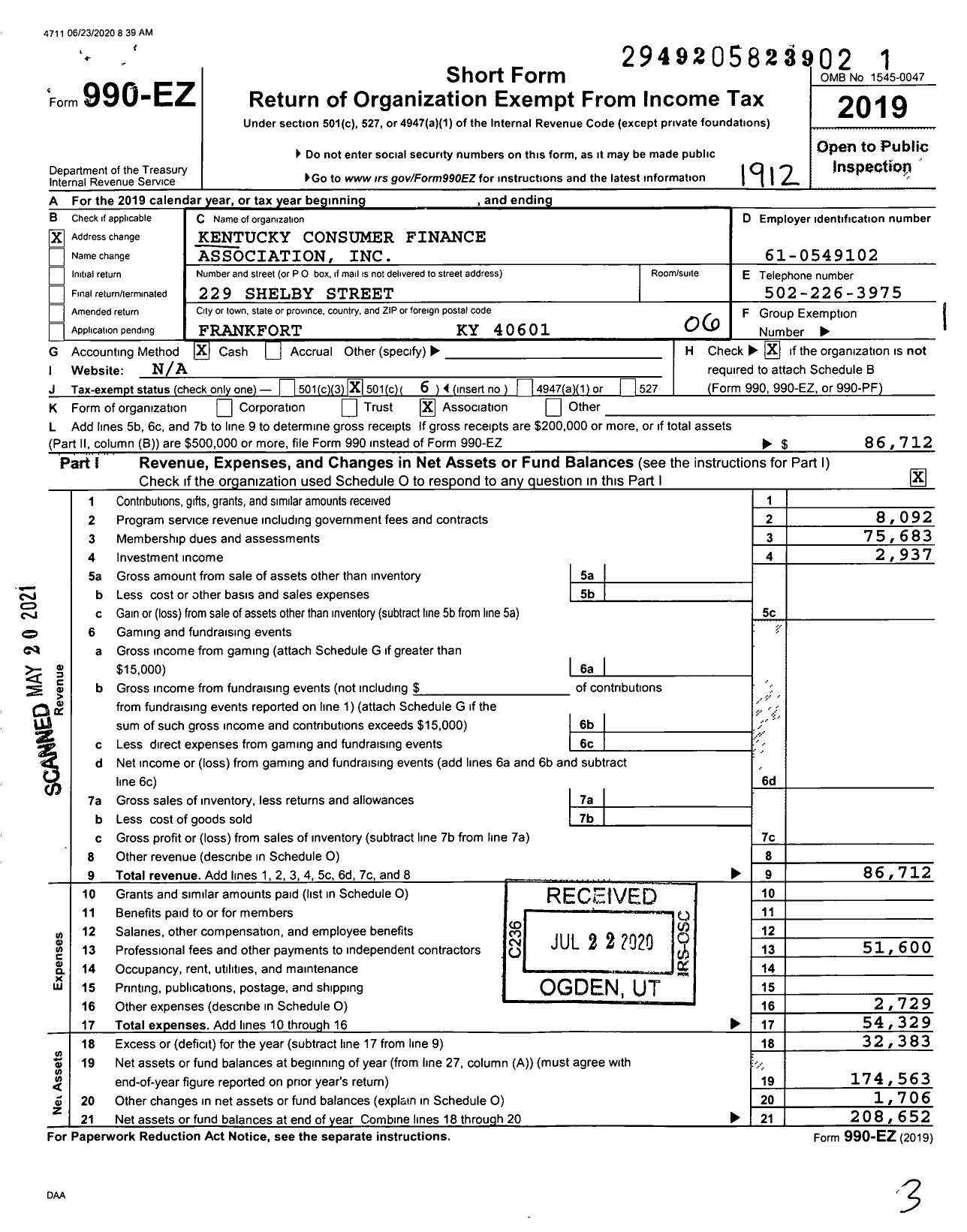 Image of first page of 2019 Form 990EO for Kentucky Consumer Finance Association