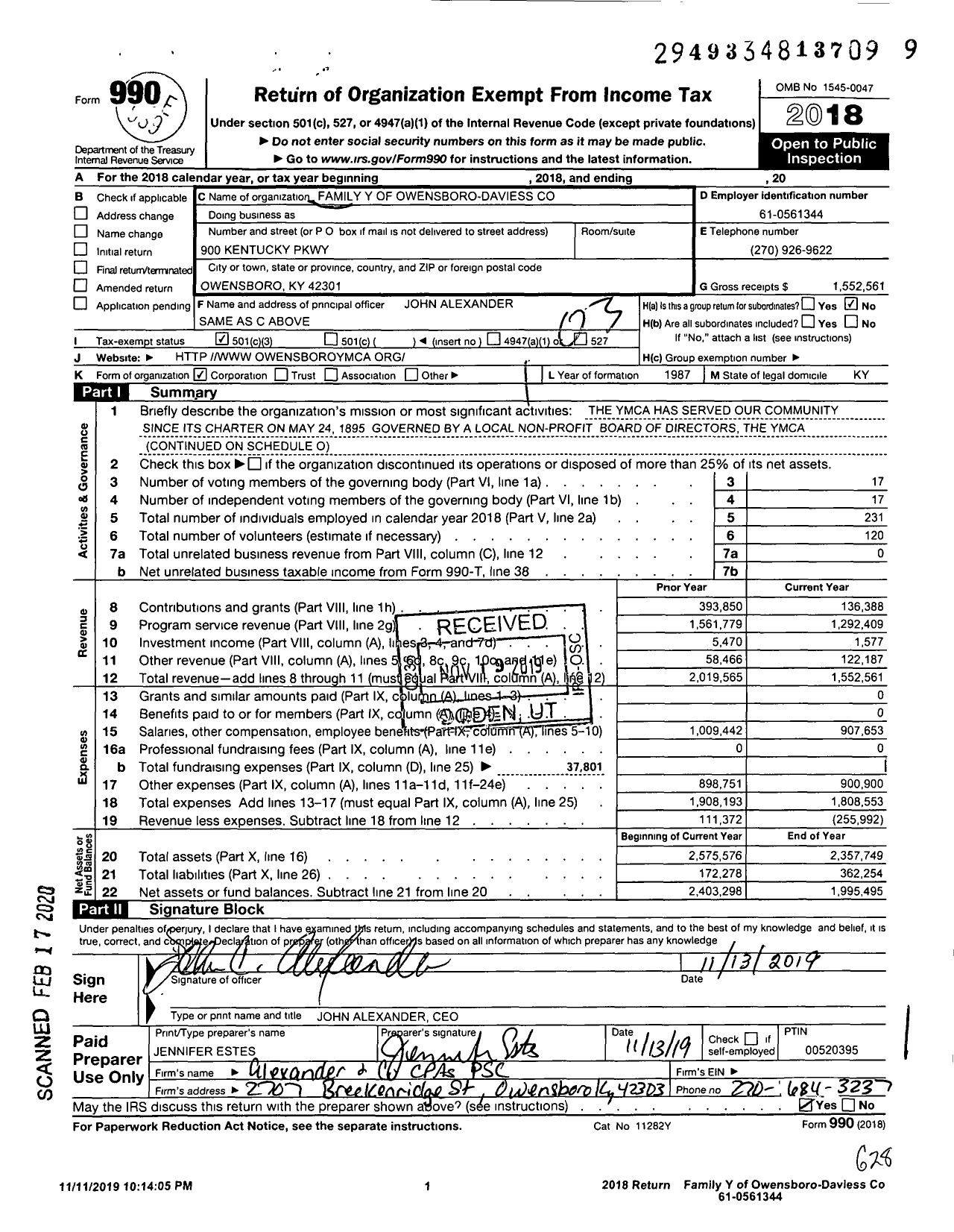 Image of first page of 2018 Form 990 for Family Y of Owensboro-Daviess Co