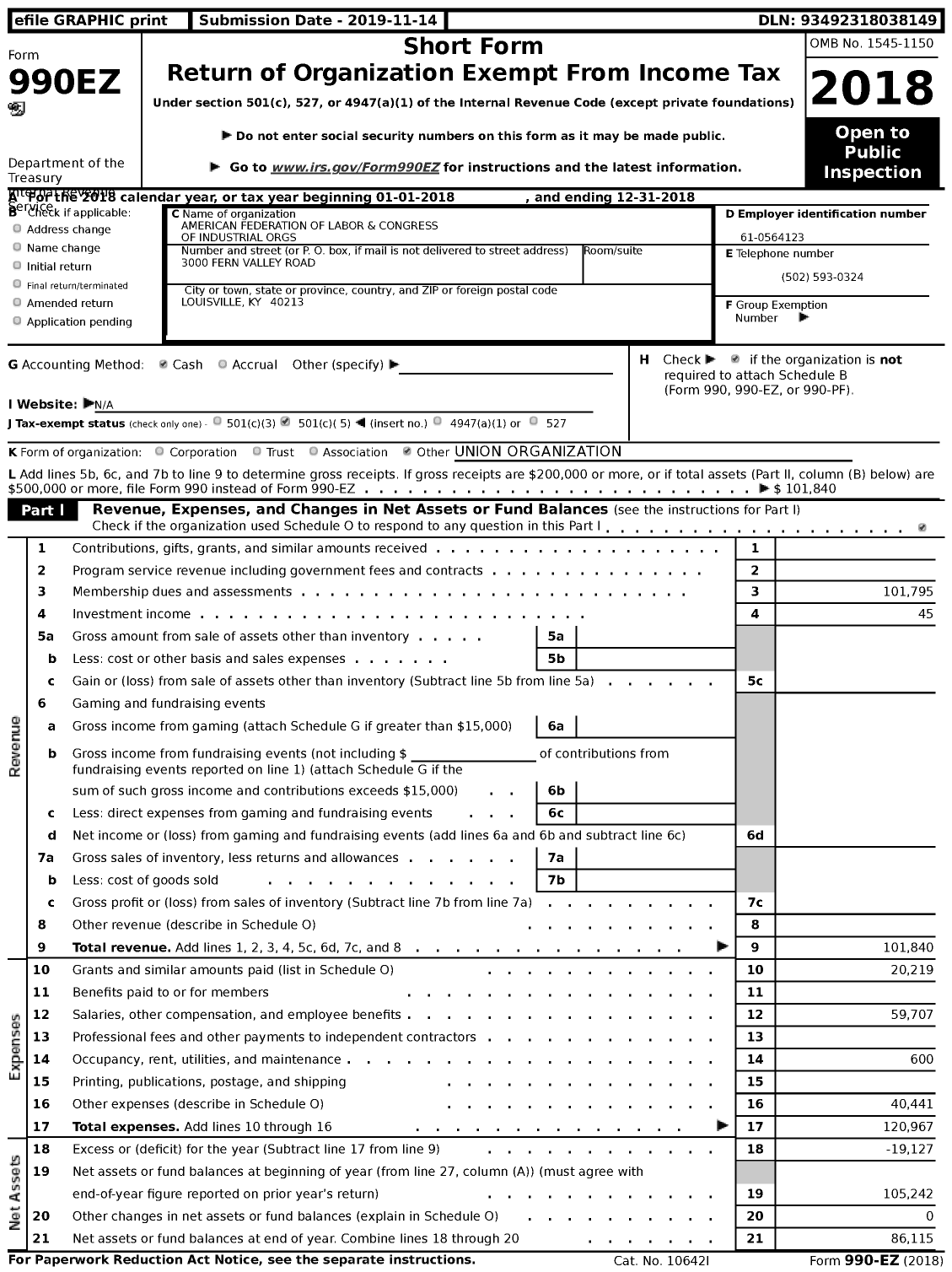 Image of first page of 2018 Form 990EZ for AFL-CIO - Greater Louisville Central Labor