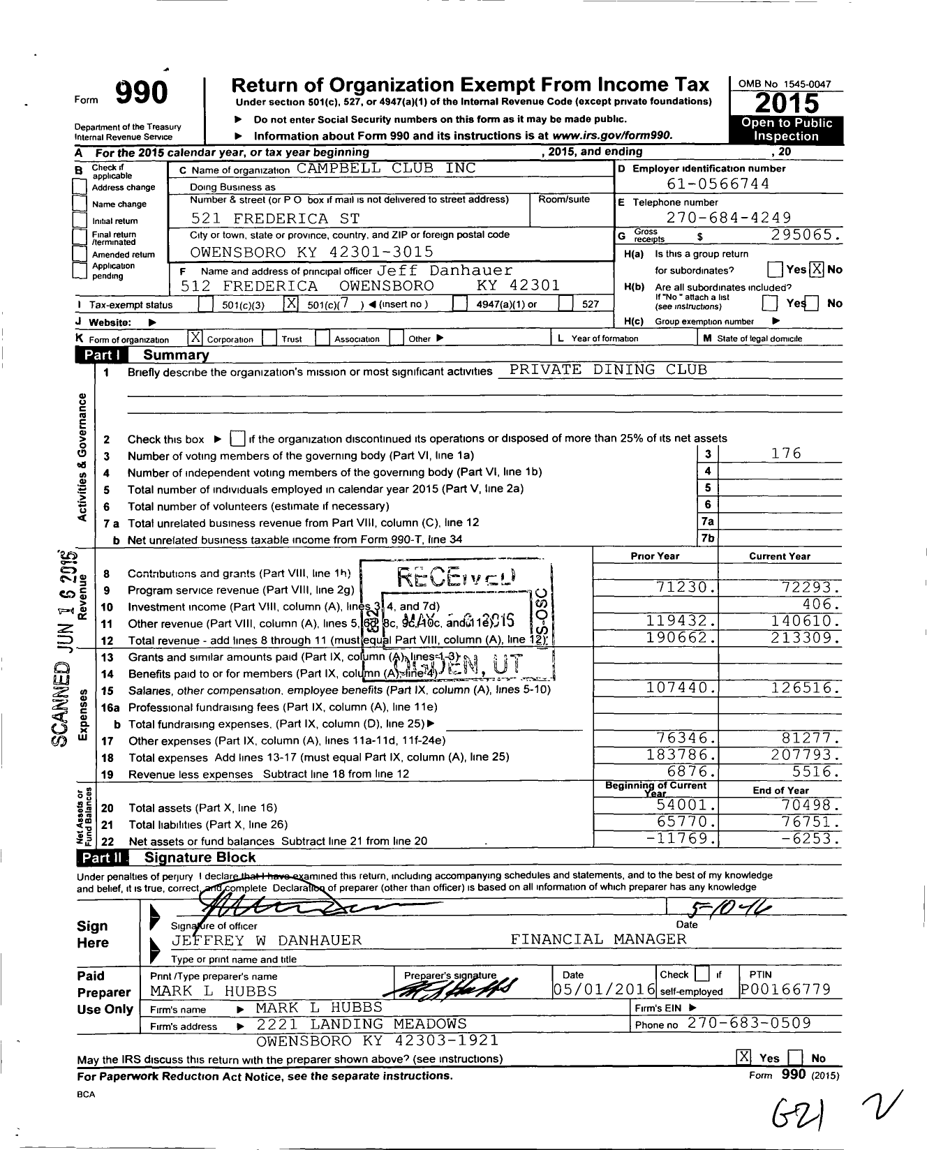 Image of first page of 2015 Form 990O for Campbell Club