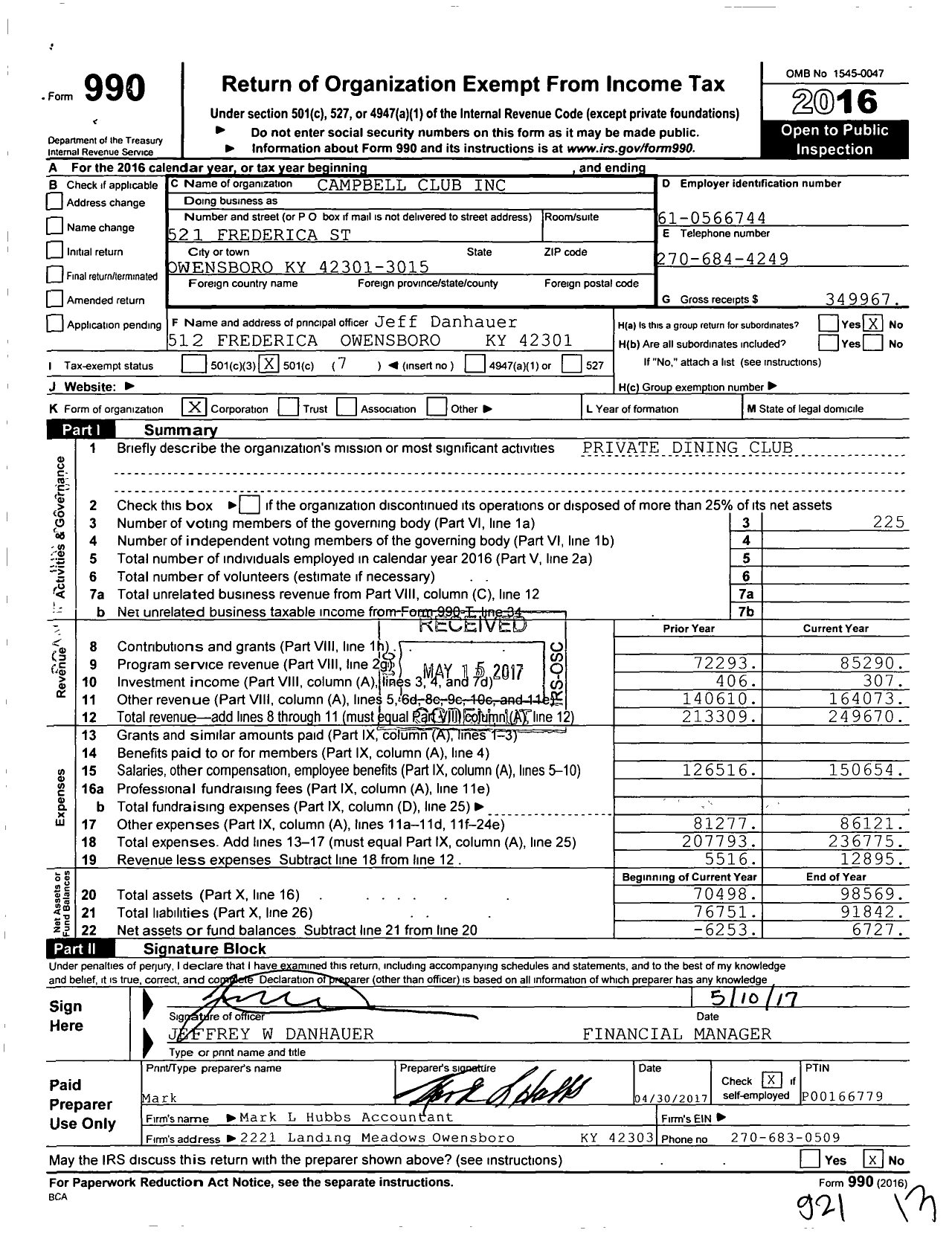 Image of first page of 2016 Form 990O for Campbell Club