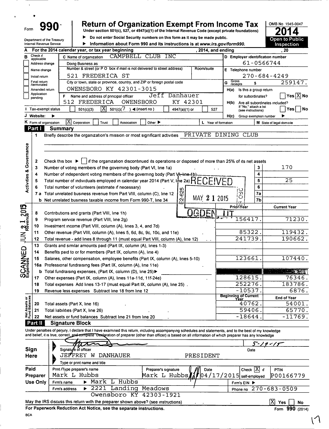 Image of first page of 2014 Form 990O for Campbell Club