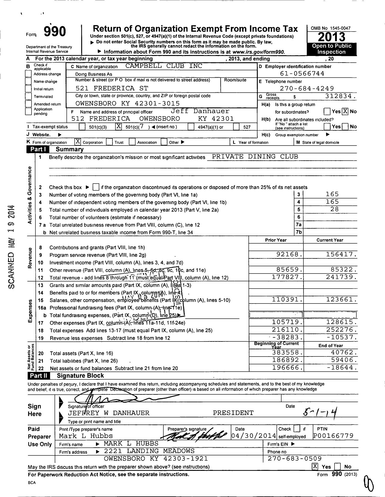 Image of first page of 2013 Form 990O for Campbell Club