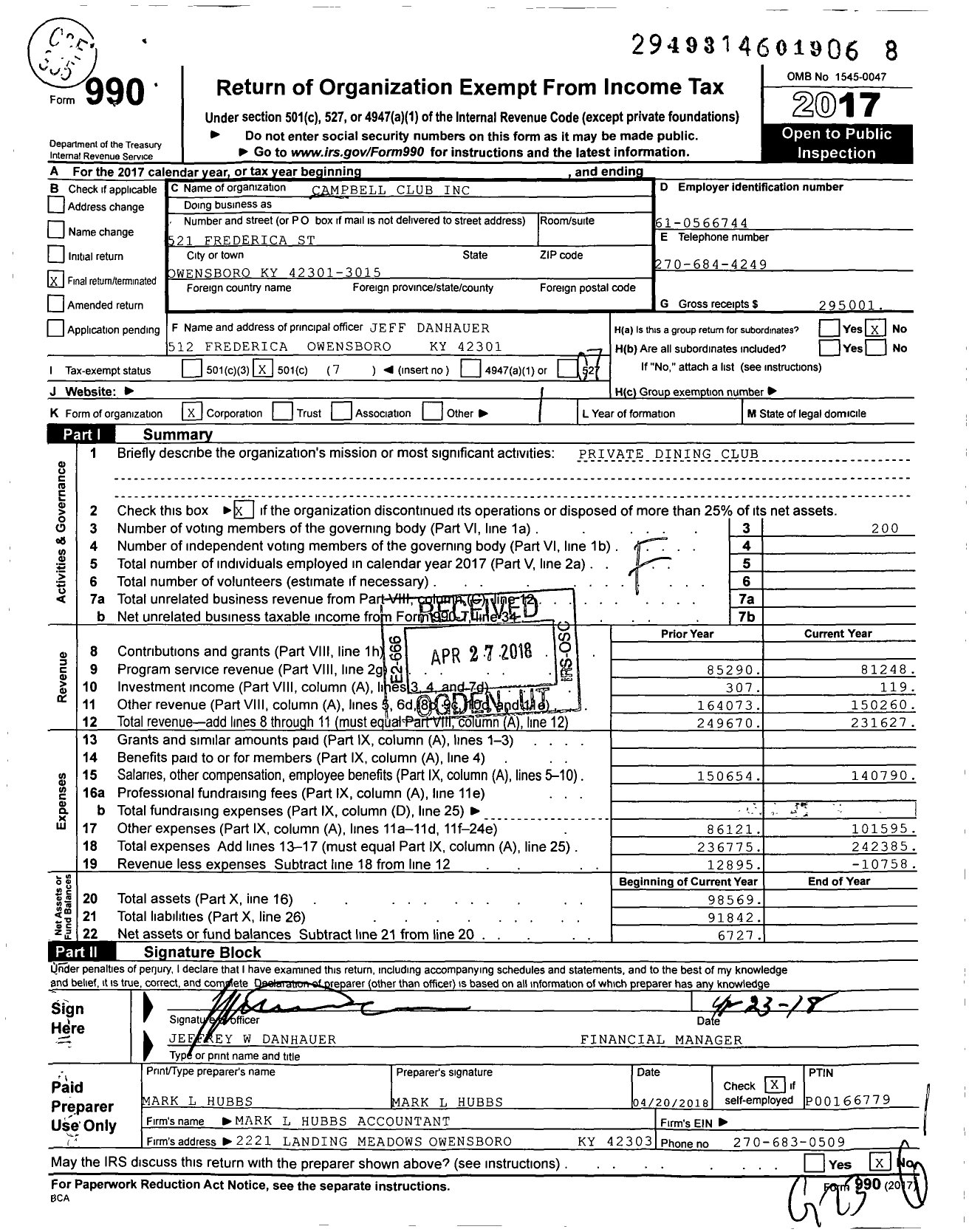 Image of first page of 2017 Form 990O for Campbell Club