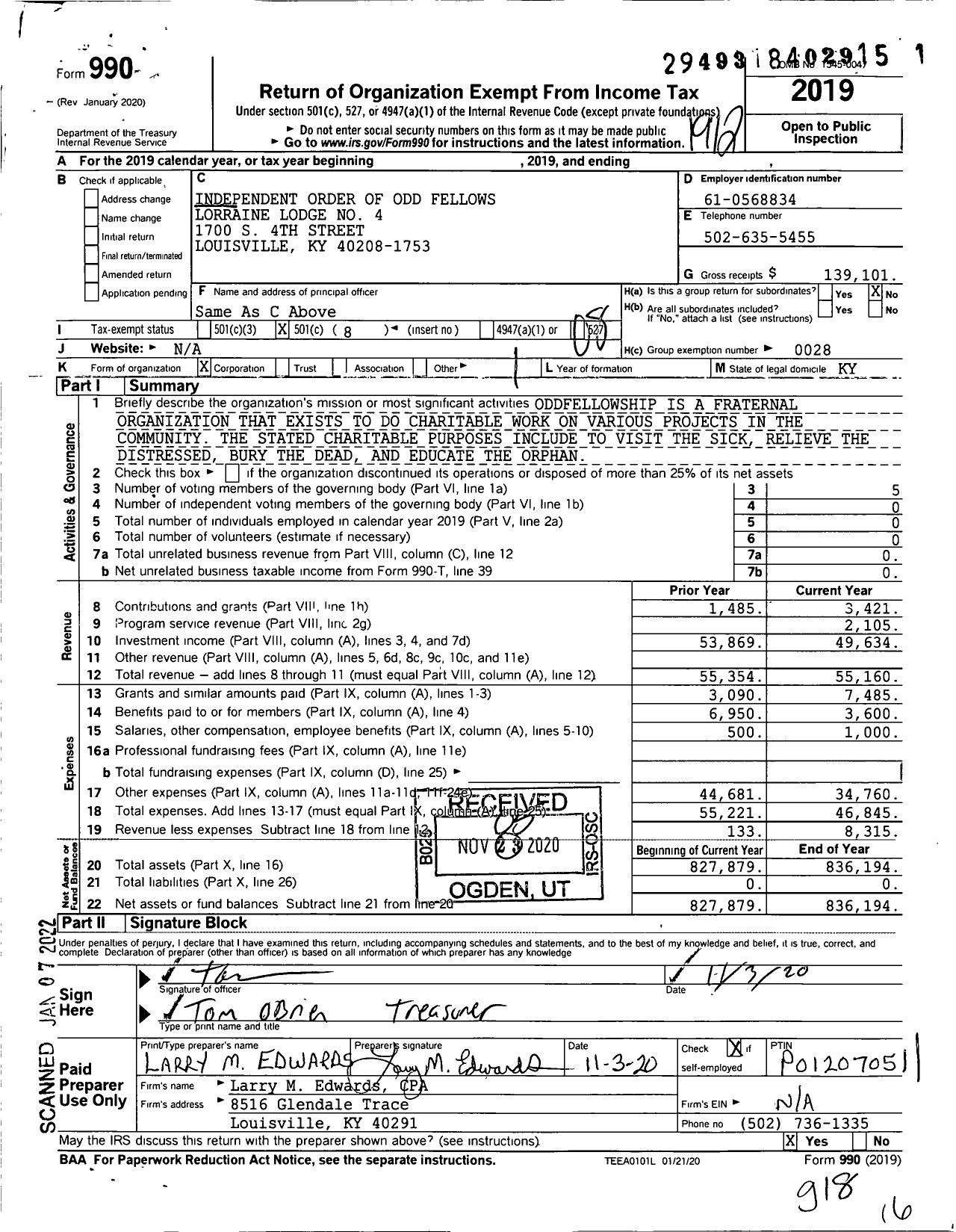 Image of first page of 2019 Form 990O for Independent Order of Odd Fellows - 4 Lorraine Lodge