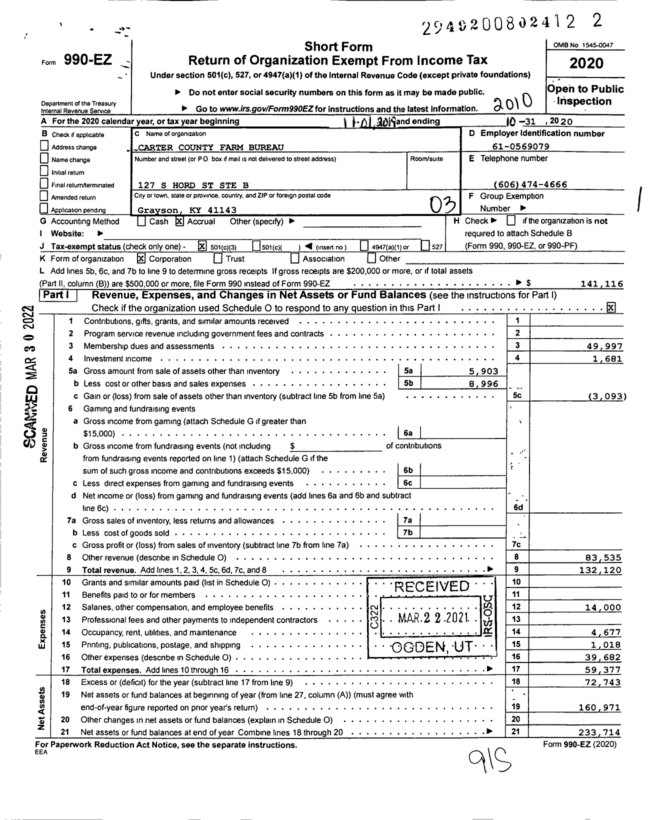 Image of first page of 2019 Form 990EZ for Kentucky Farm Bureau Federation - Carter County Farm Bureau