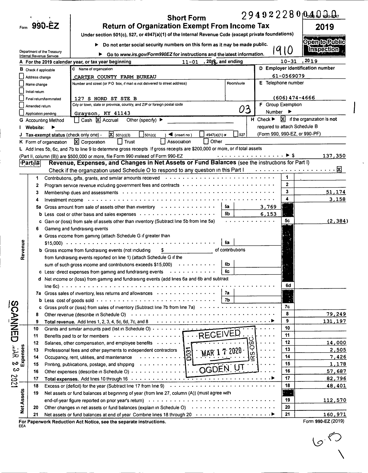 Image of first page of 2018 Form 990EZ for Kentucky Farm Bureau Federation - Carter County Farm Bureau