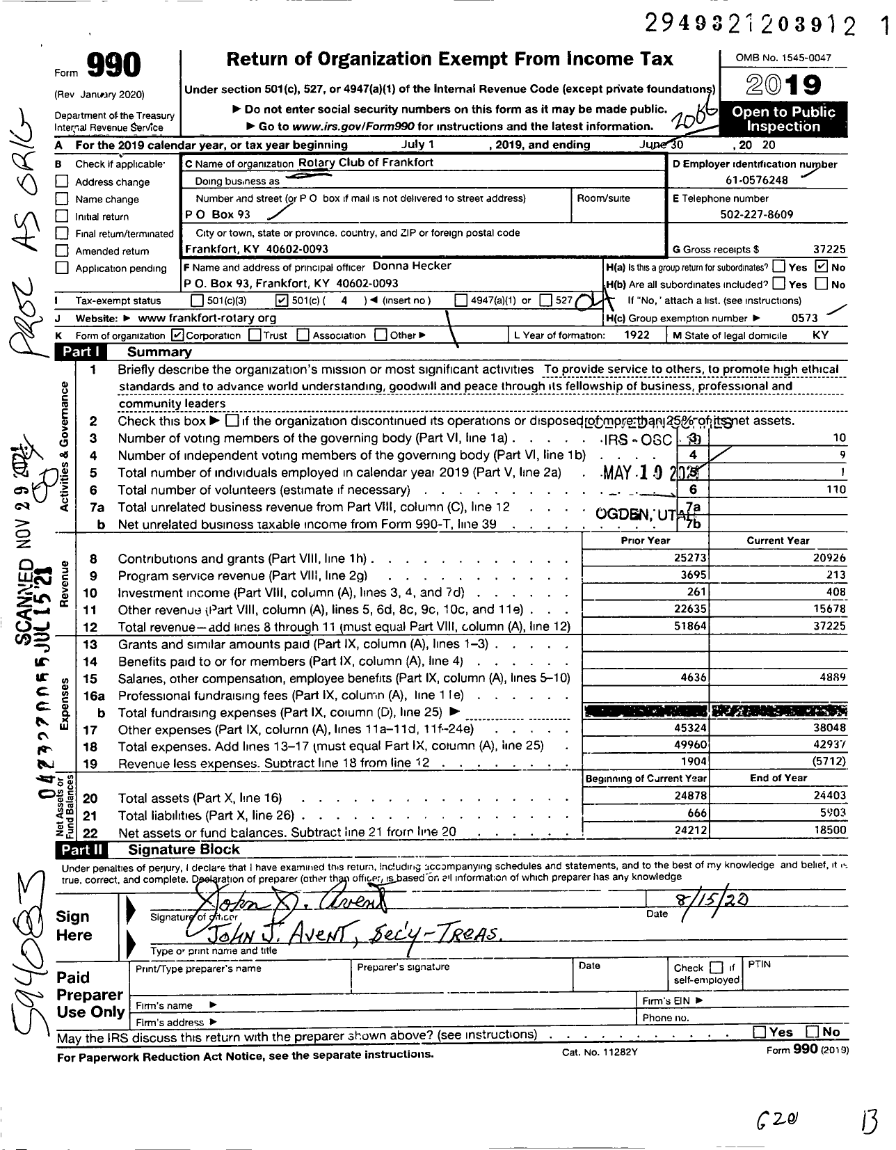 Image of first page of 2019 Form 990O for Rotary International - Frankfort