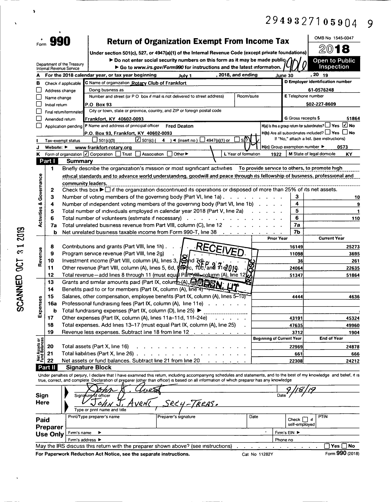 Image of first page of 2018 Form 990O for Rotary International - Frankfort