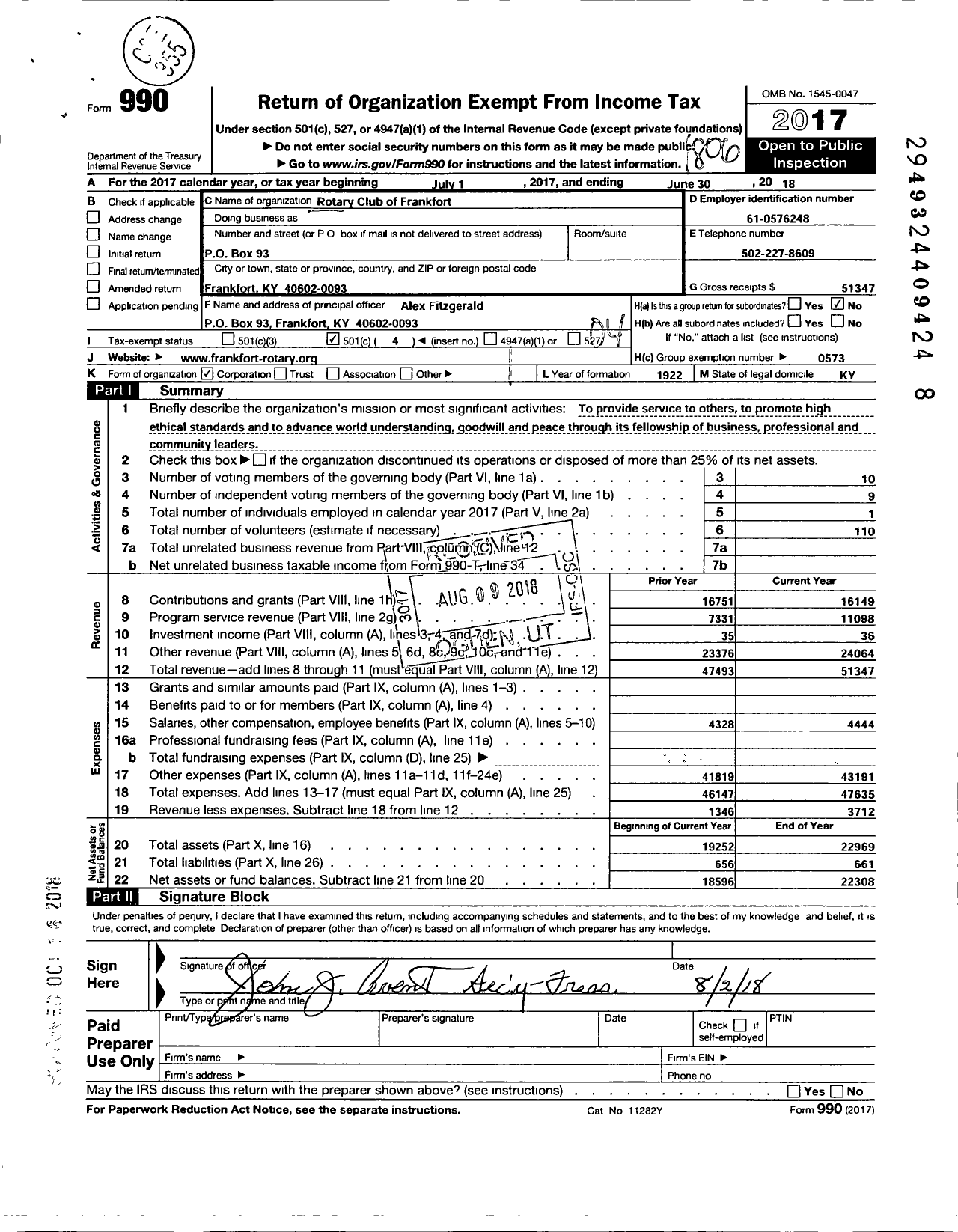 Image of first page of 2017 Form 990O for Rotary International - Frankfort