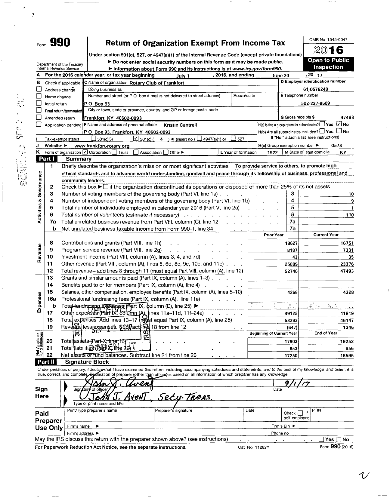 Image of first page of 2016 Form 990O for Rotary International - Frankfort