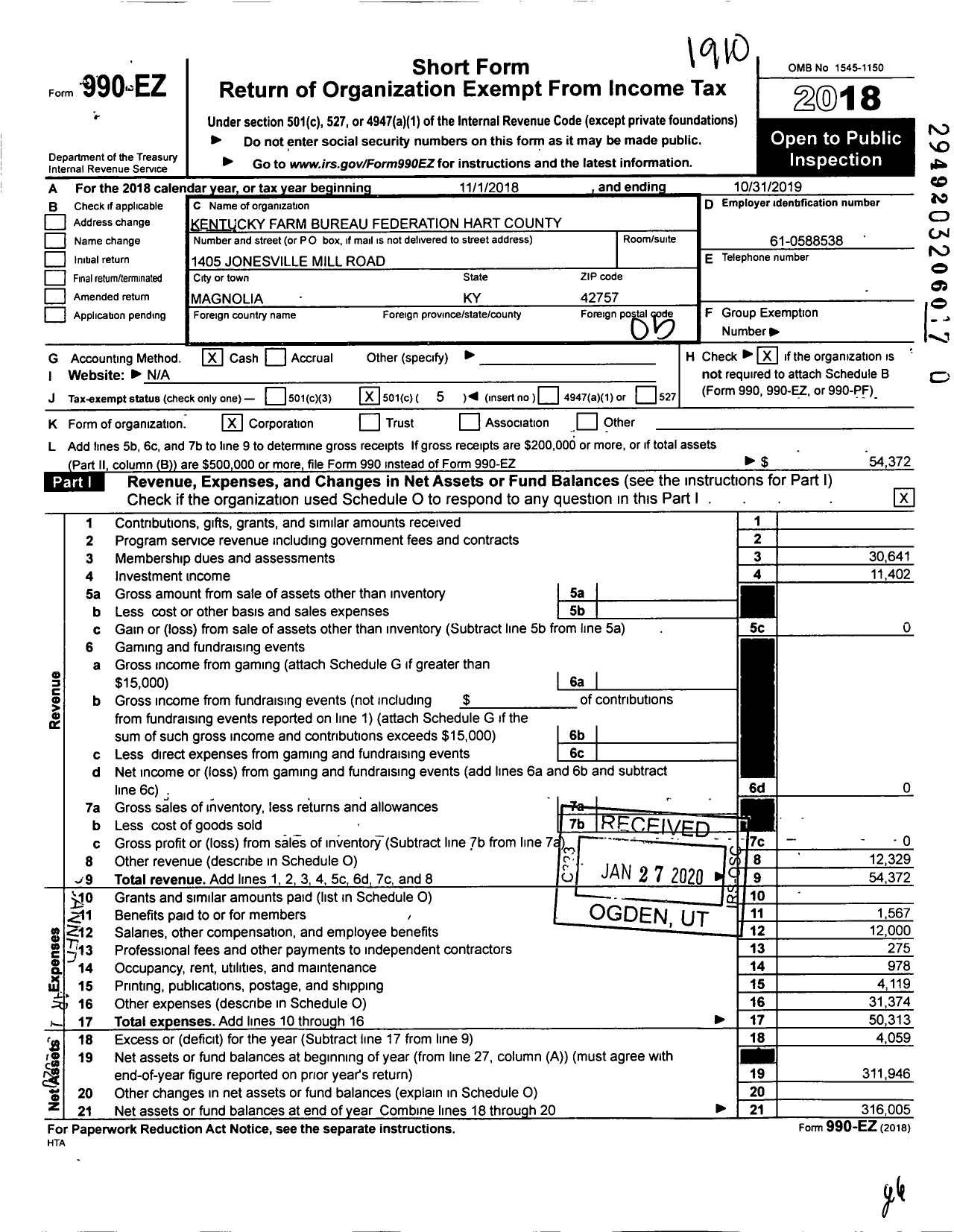 Image of first page of 2018 Form 990EO for Kentucky Farm Bureau Federation - Hart County Farm Bureau