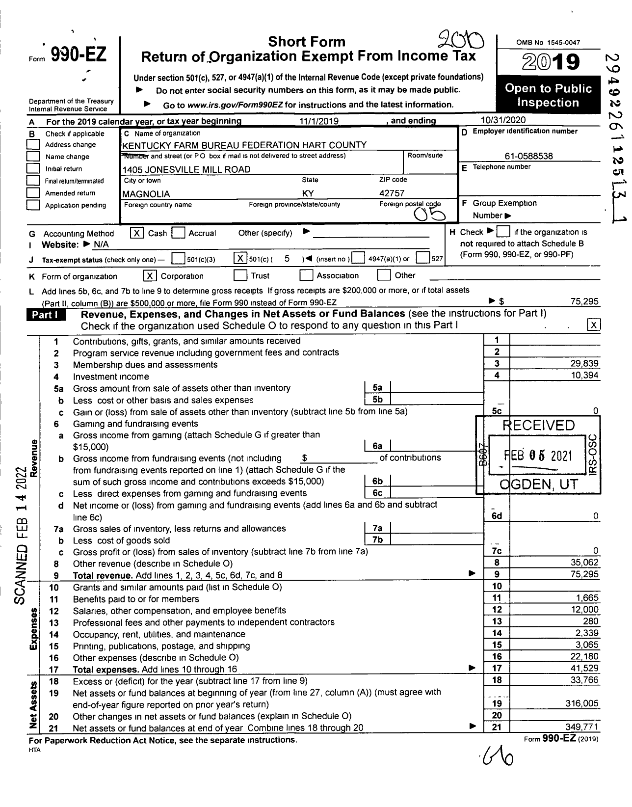 Image of first page of 2019 Form 990EO for Kentucky Farm Bureau Federation - Hart County Farm Bureau