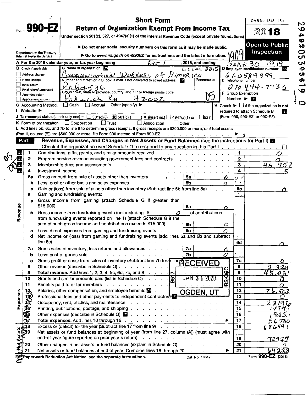 Image of first page of 2018 Form 990EO for Communications Workers of America - 3315 Local