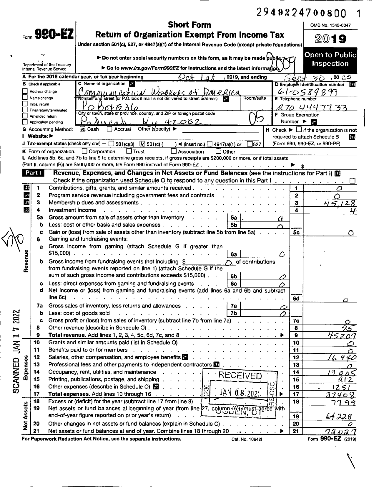 Image of first page of 2019 Form 990EO for Communications Workers of America - 3315 Local