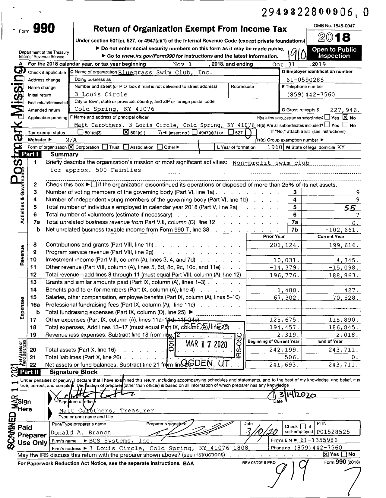 Image of first page of 2018 Form 990O for Bluegrass Swim Club