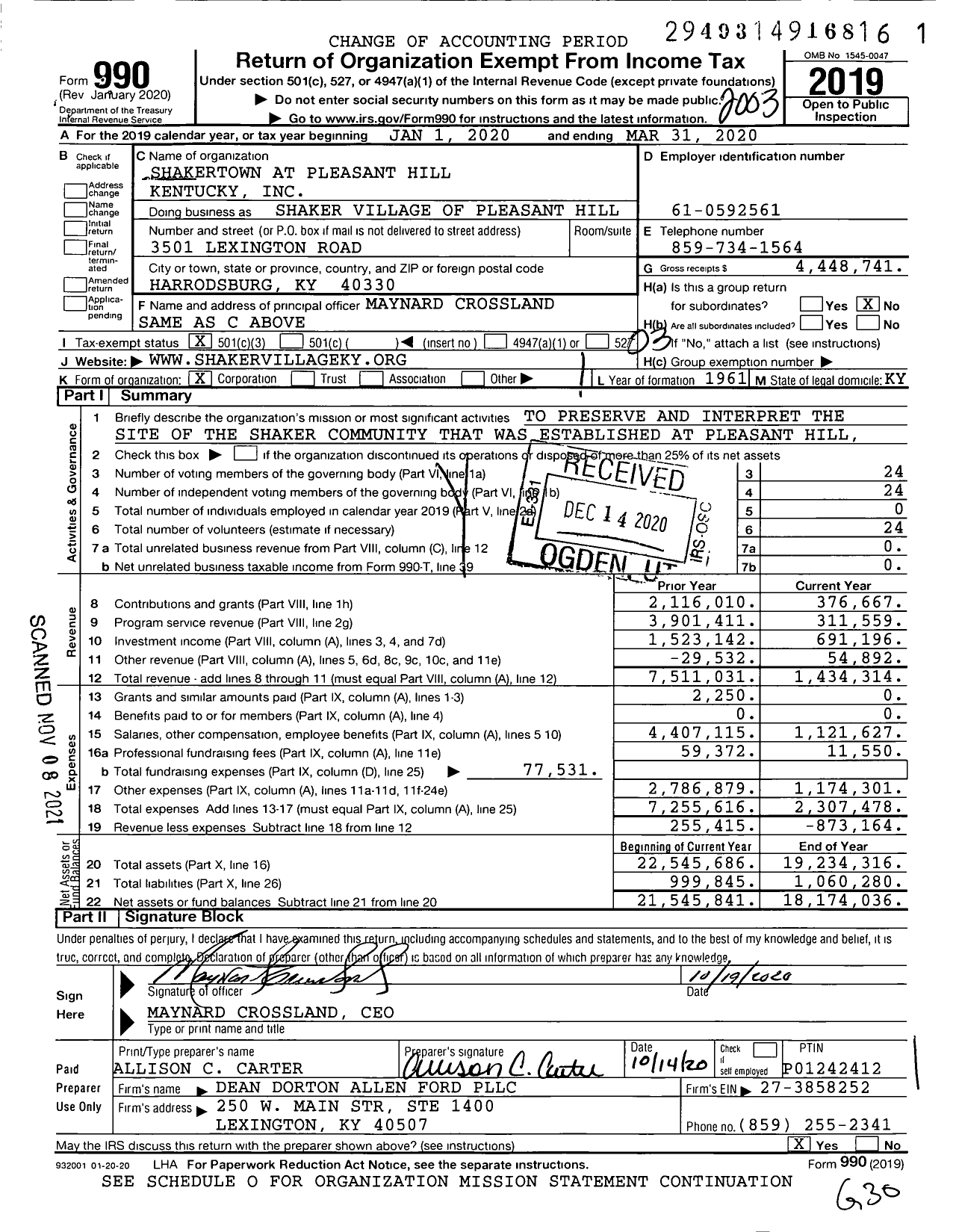 Image of first page of 2019 Form 990 for Shaker Village of Pleasant Hill