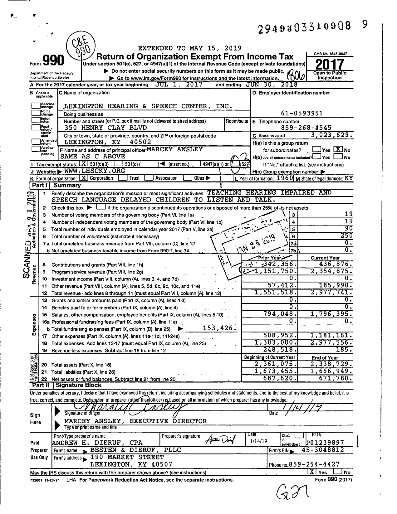 Image of first page of 2017 Form 990 for The Hearing and Speech Center