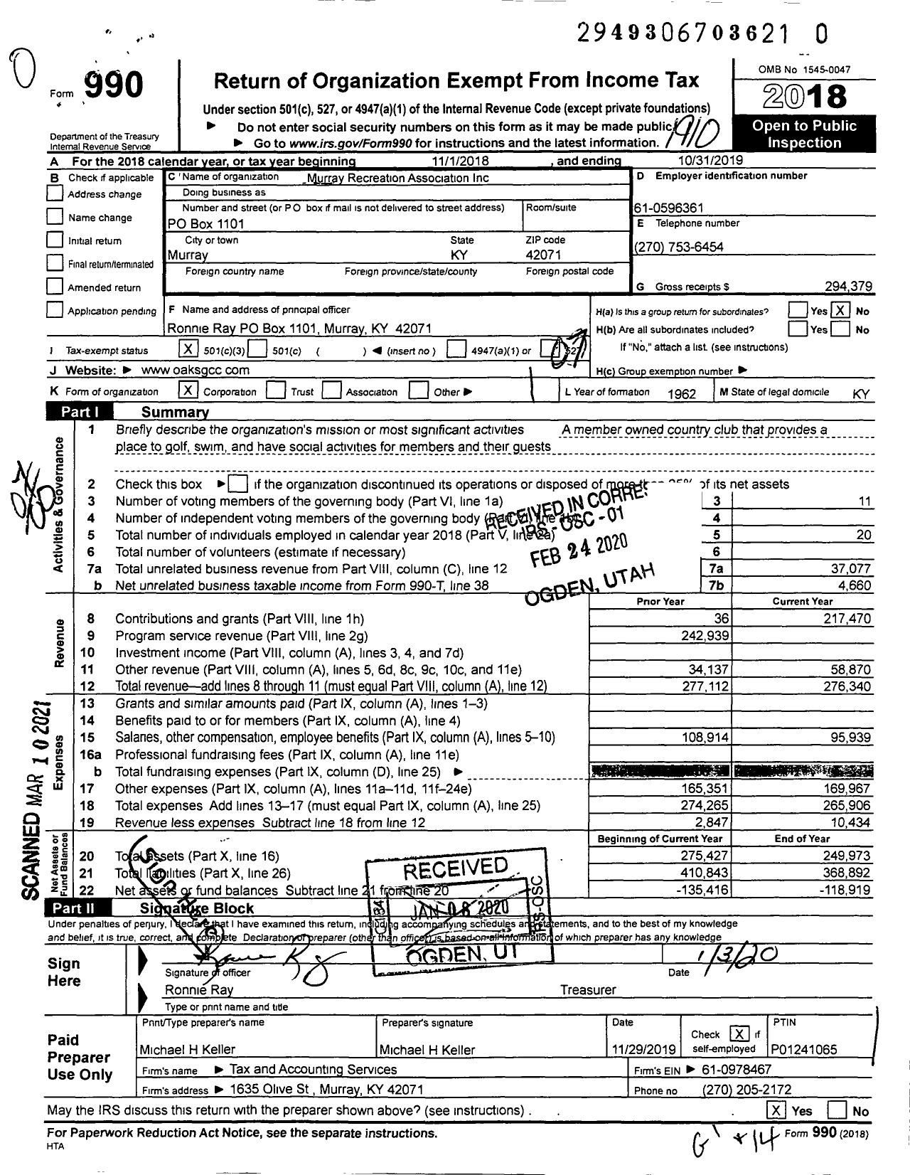 Image of first page of 2018 Form 990O for Murray Recreation Association