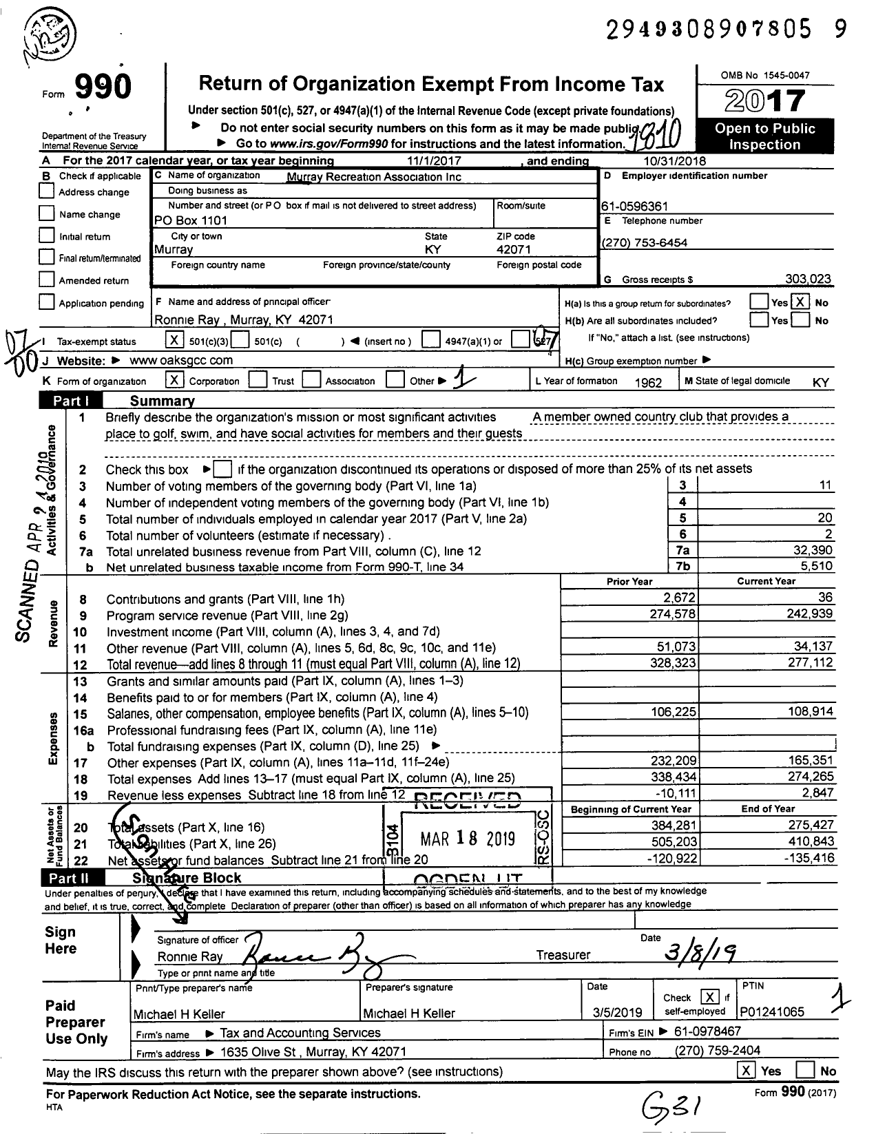 Image of first page of 2017 Form 990O for Murray Recreation Association