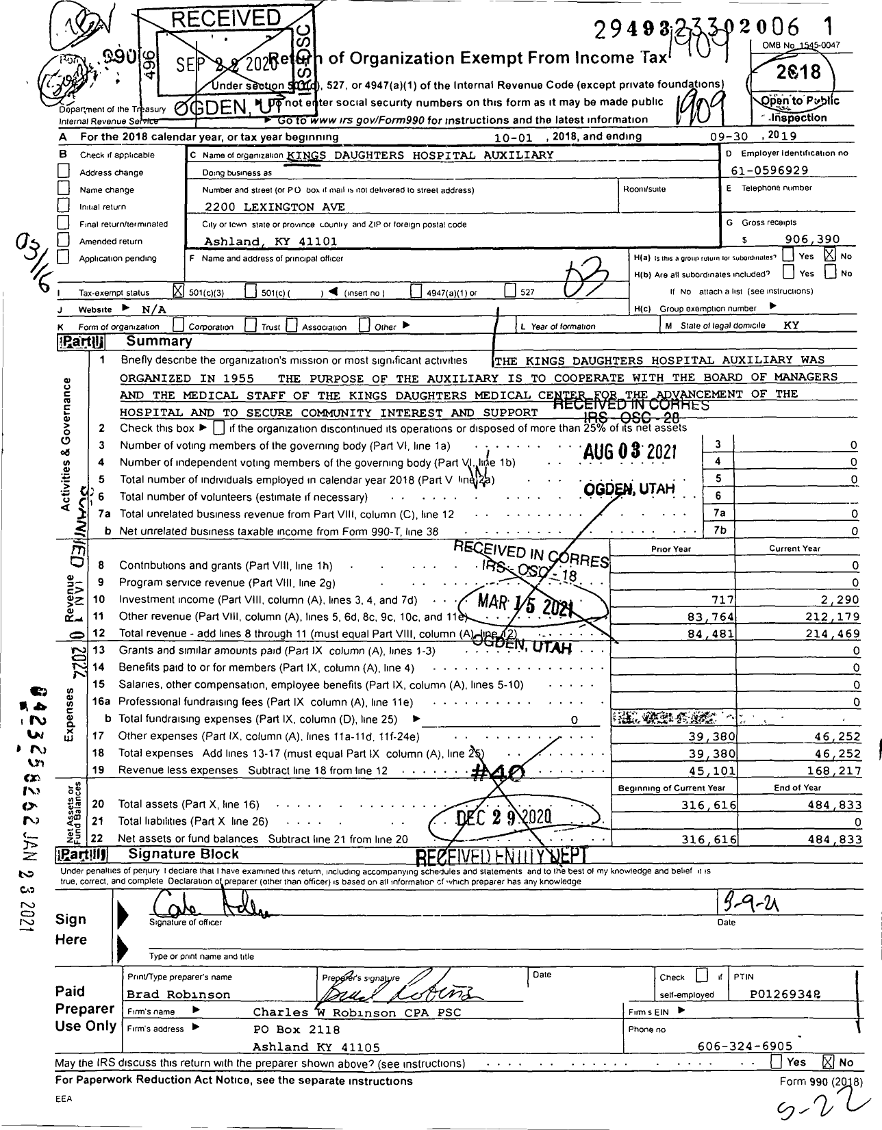 Image of first page of 2018 Form 990 for Kings Daughters Hospital Auxiliary