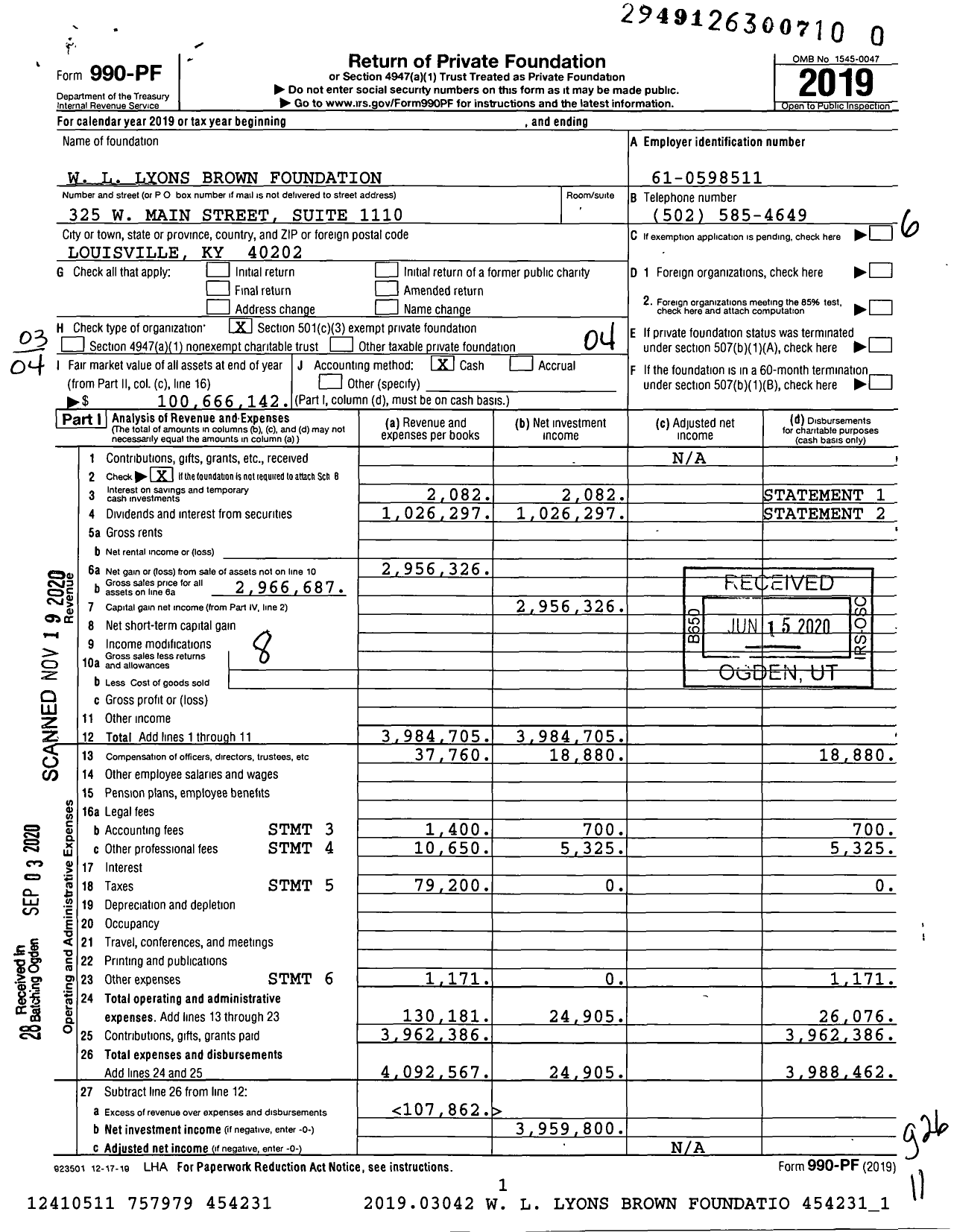 Image of first page of 2019 Form 990PF for W. L. Lyons Brown Foundation