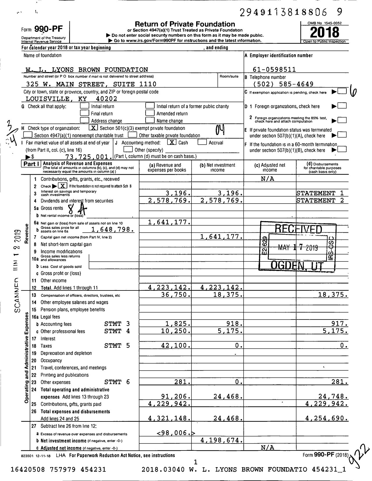 Image of first page of 2018 Form 990PF for W. L. Lyons Brown Foundation
