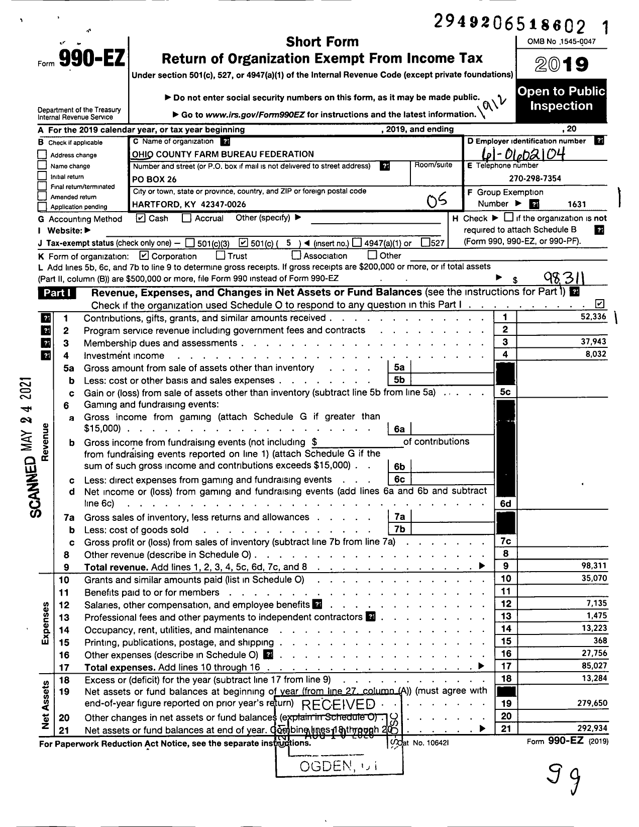 Image of first page of 2019 Form 990EO for Kentucky Farm Bureau Federation - Ohio County Farm Bureau