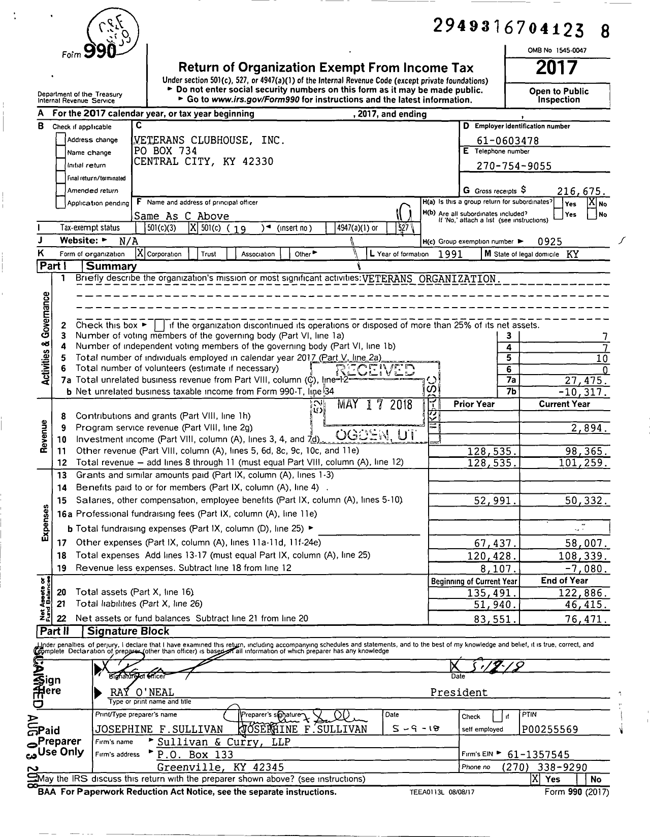 Image of first page of 2017 Form 990O for American Legion - Veterans Clubhouse