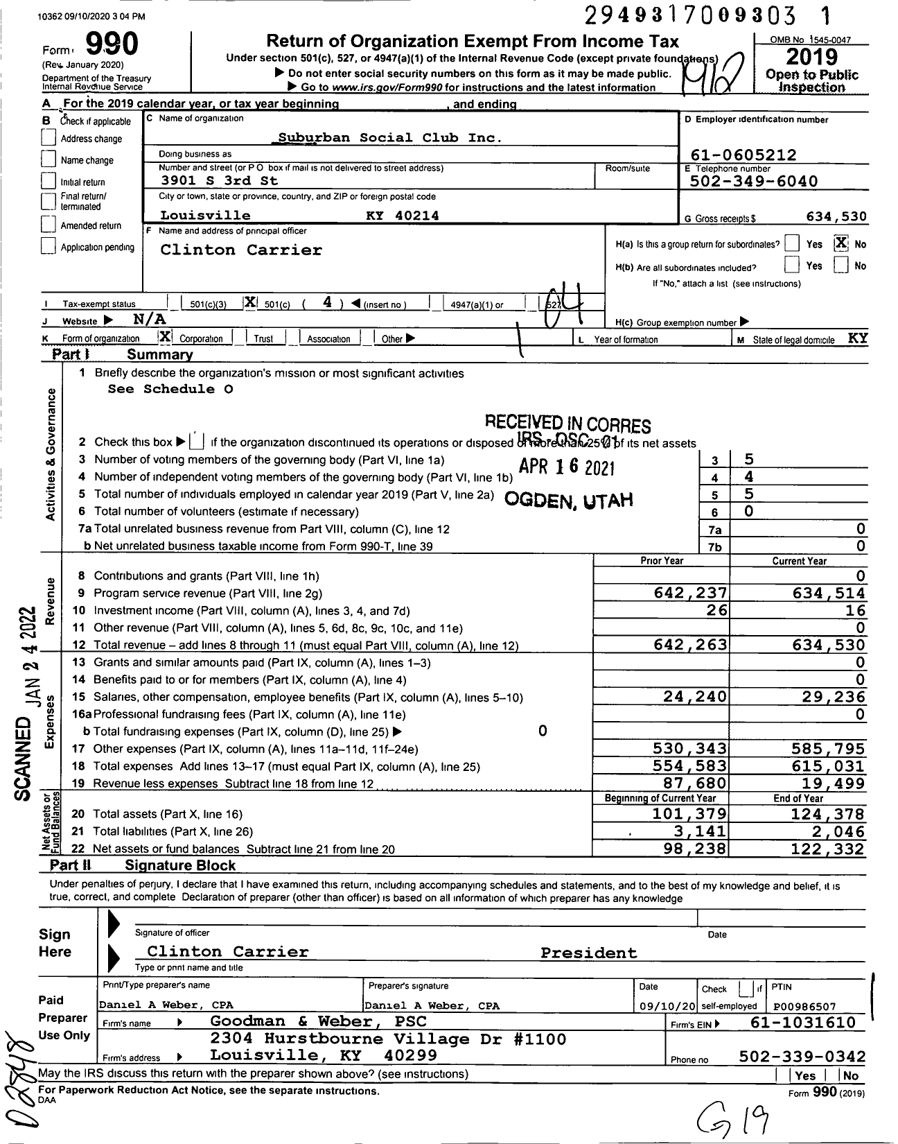 Image of first page of 2019 Form 990O for Suburban Social Club