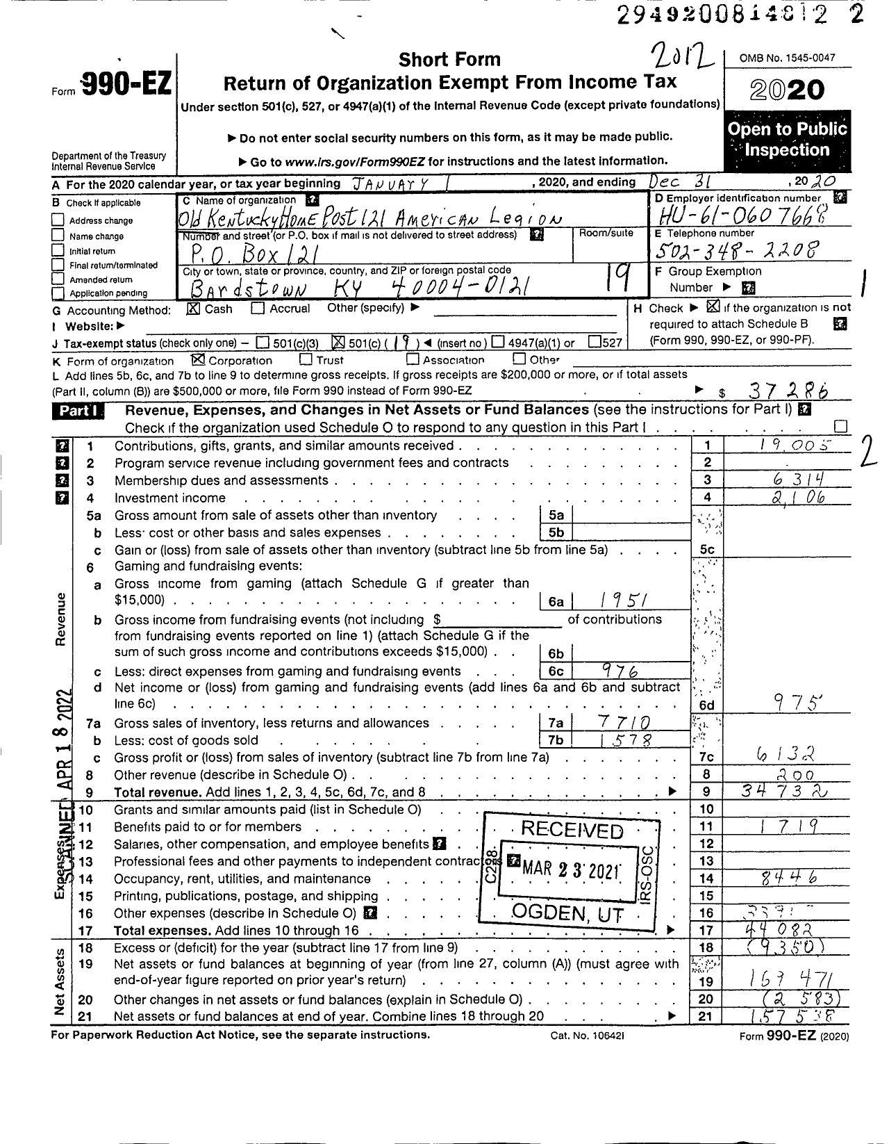 Image of first page of 2020 Form 990EO for American Legion - 121 Old Kentucky Home