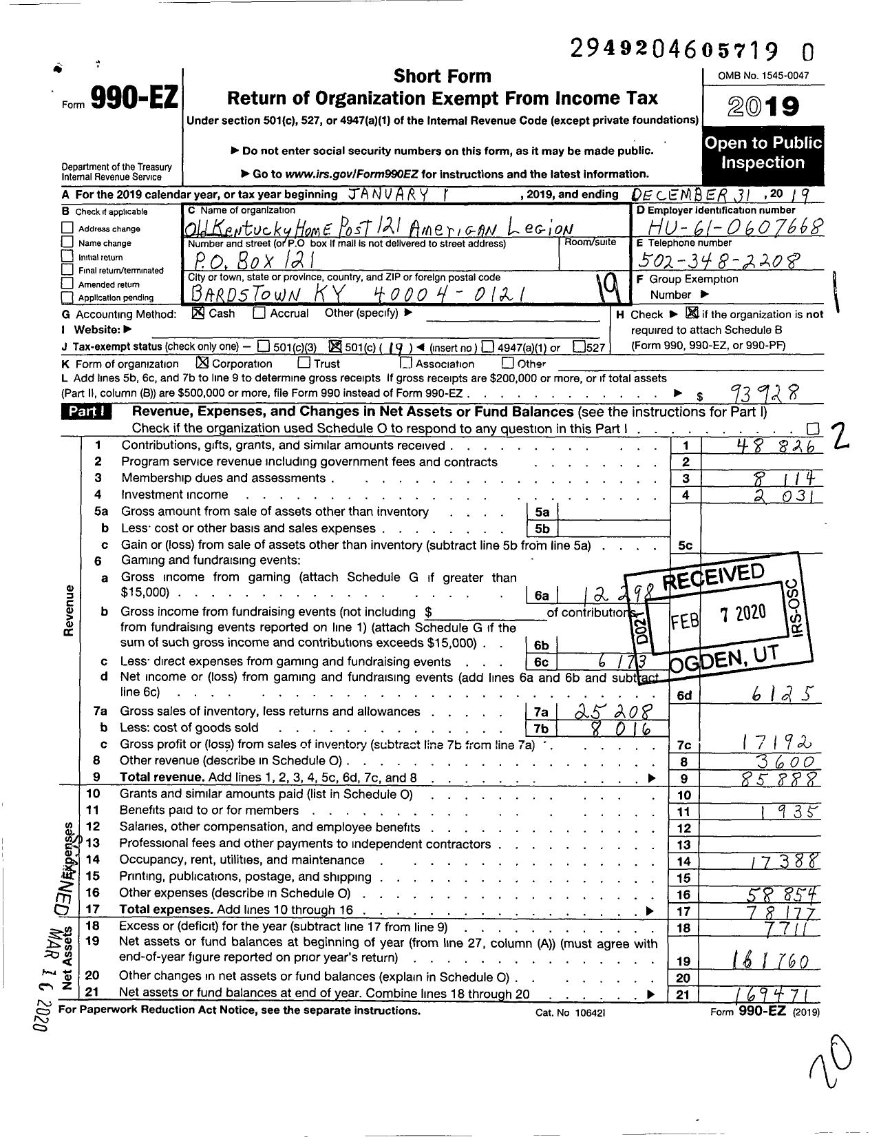 Image of first page of 2019 Form 990EO for American Legion - 121 Old Kentucky Home