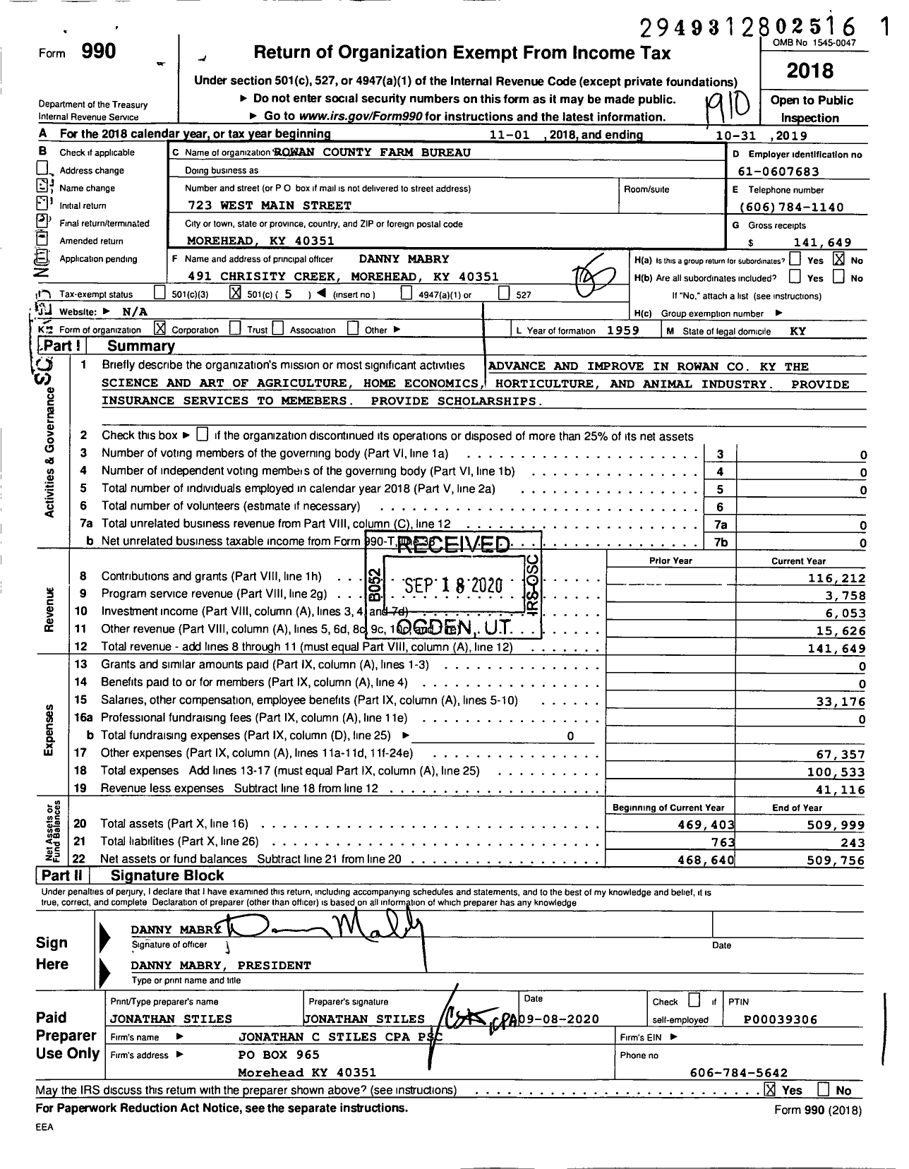 Image of first page of 2018 Form 990O for Kentucky Farm Bureau Federation - Rowan Co Farm Bureau