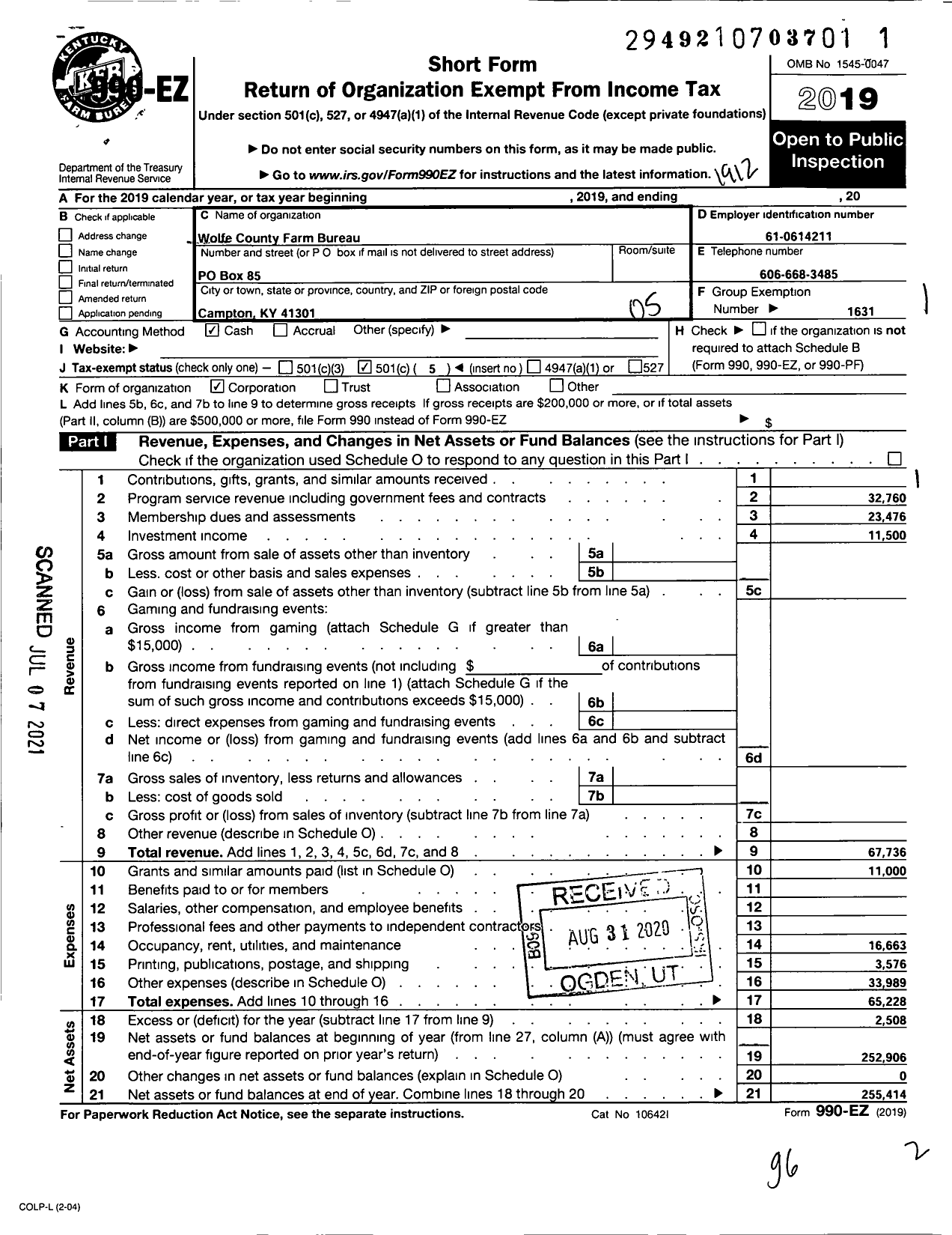 Image of first page of 2019 Form 990EO for Kentucky Farm Bureau Federation - Wolfe County Farm Bureau