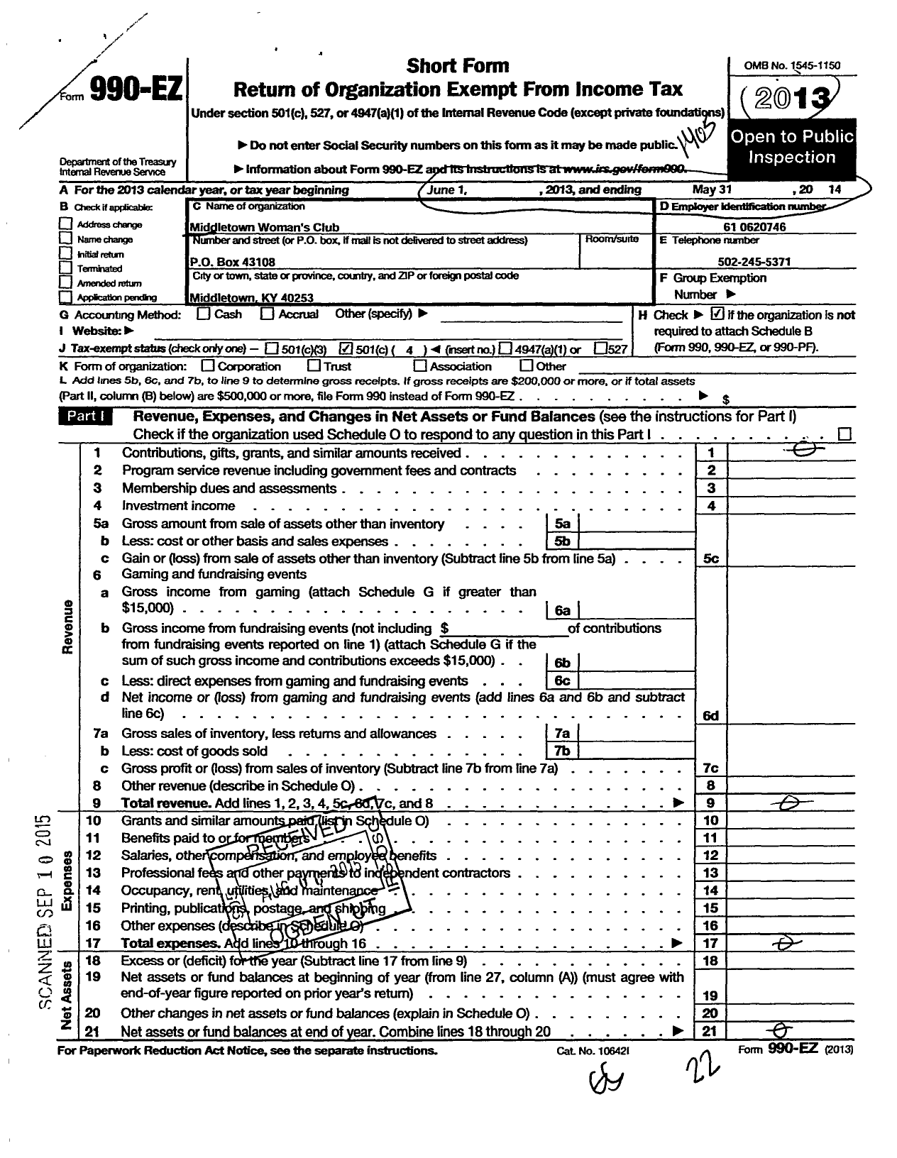 Image of first page of 2013 Form 990EO for Middletown Womans Club