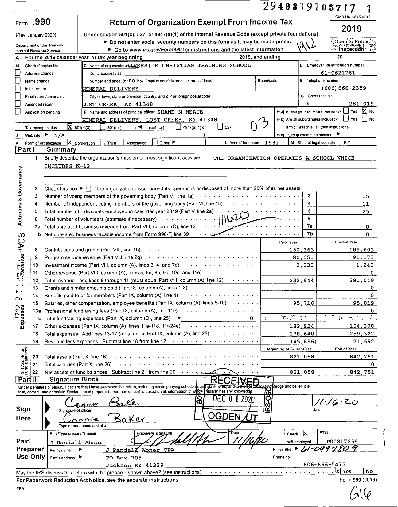 Image of first page of 2019 Form 990 for Riverside Christian Training School