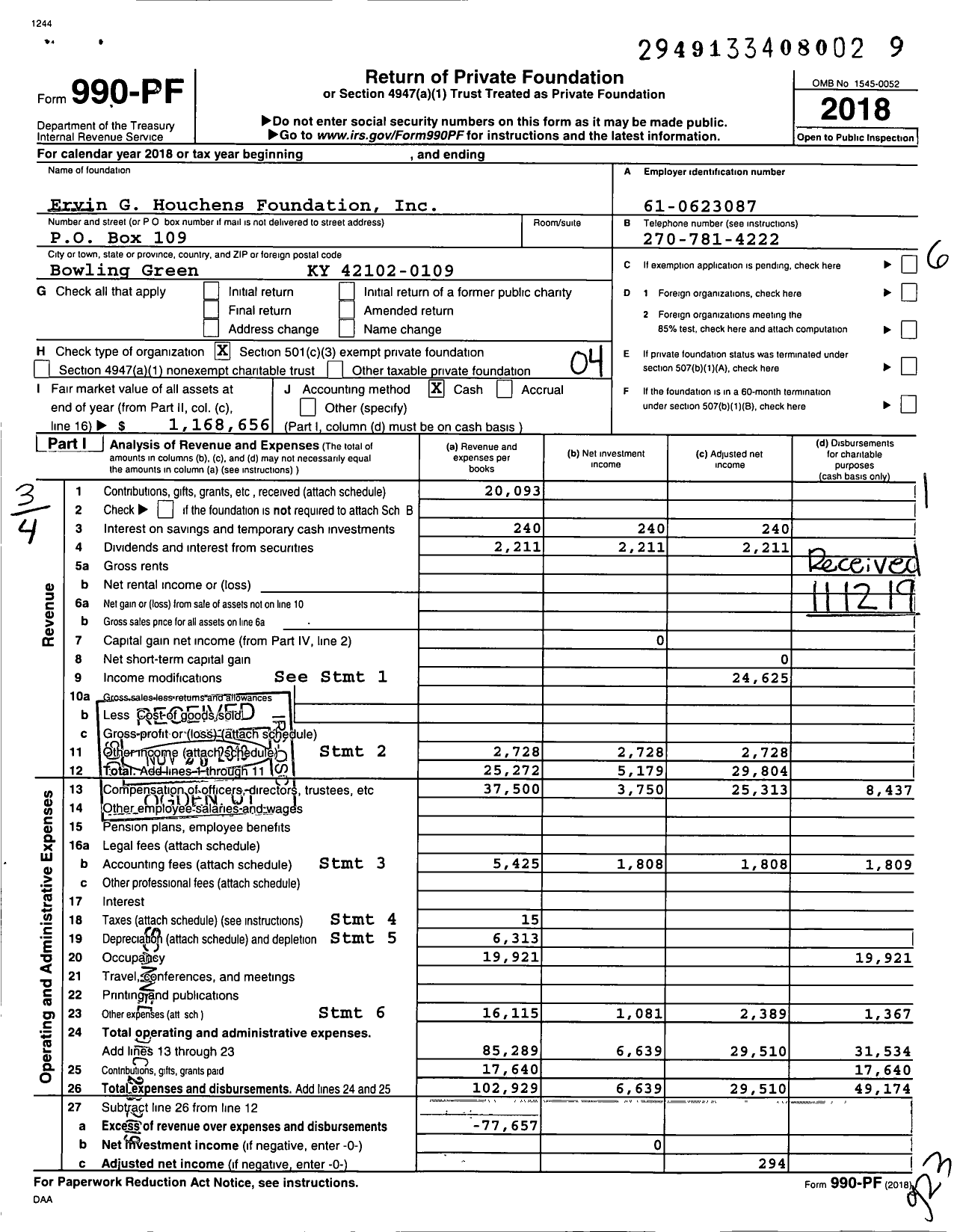 Image of first page of 2018 Form 990PF for Ervin G Houchens Foundation