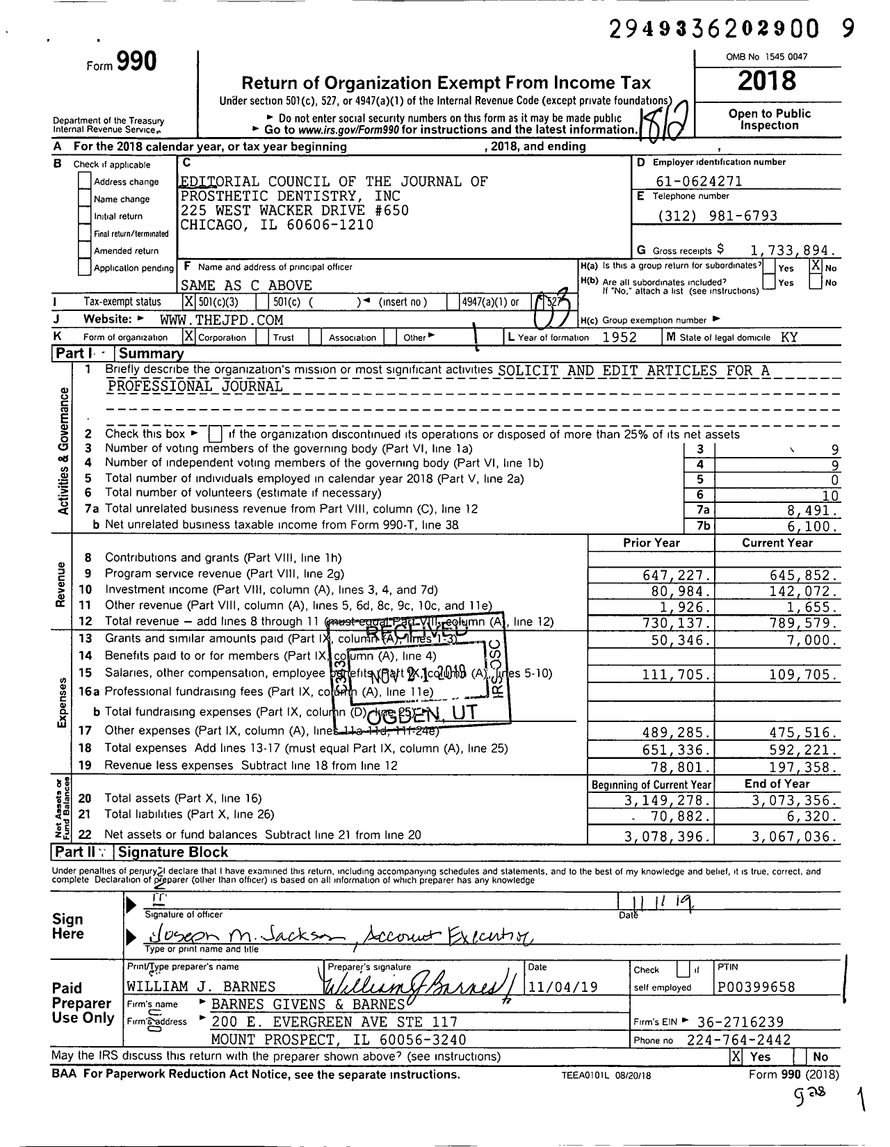 Image of first page of 2018 Form 990 for Editorial Council of the Journal of Prosthetic Dentistry