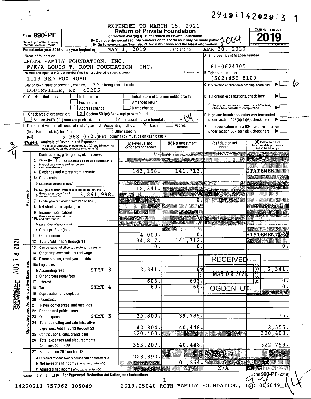 Image of first page of 2019 Form 990PF for Roth Family Foundation