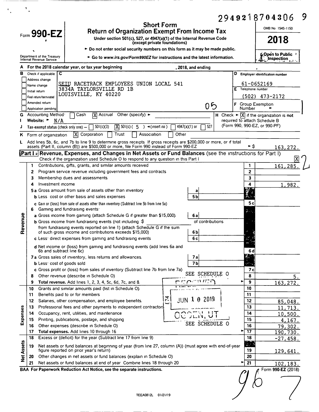 Image of first page of 2018 Form 990EO for Service Employees International Union - 541 Local Racetrack Employees Union