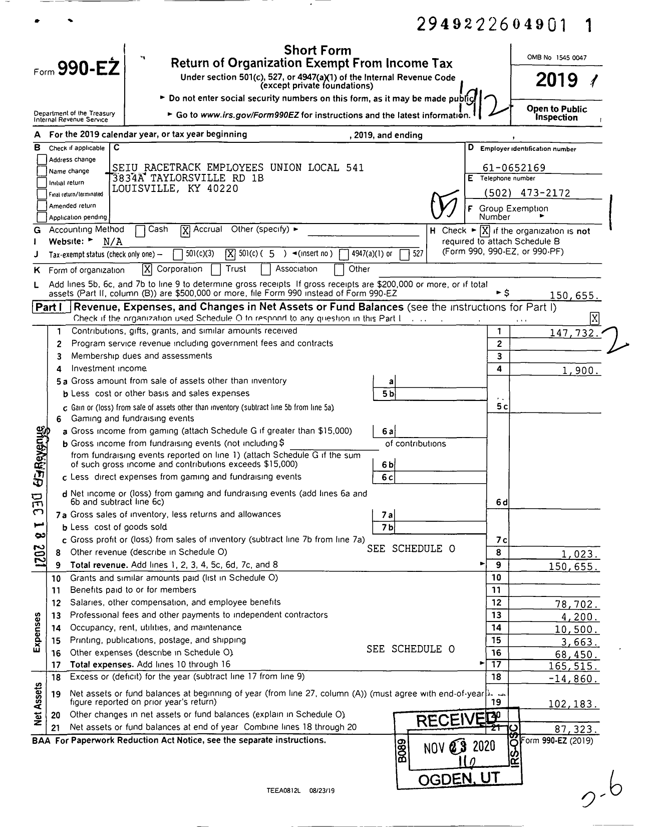 Image of first page of 2019 Form 990EO for Service Employees International Union - 541 Local Racetrack Employees Union