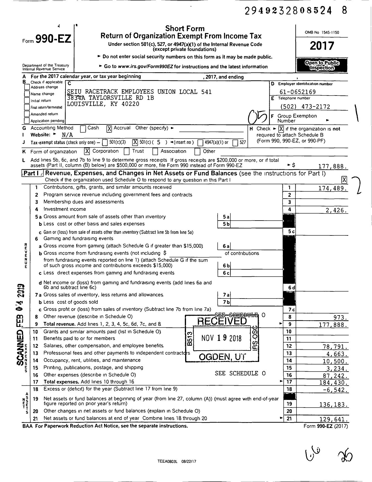 Image of first page of 2017 Form 990EO for Service Employees International Union - 541 Local Racetrack Employees Union