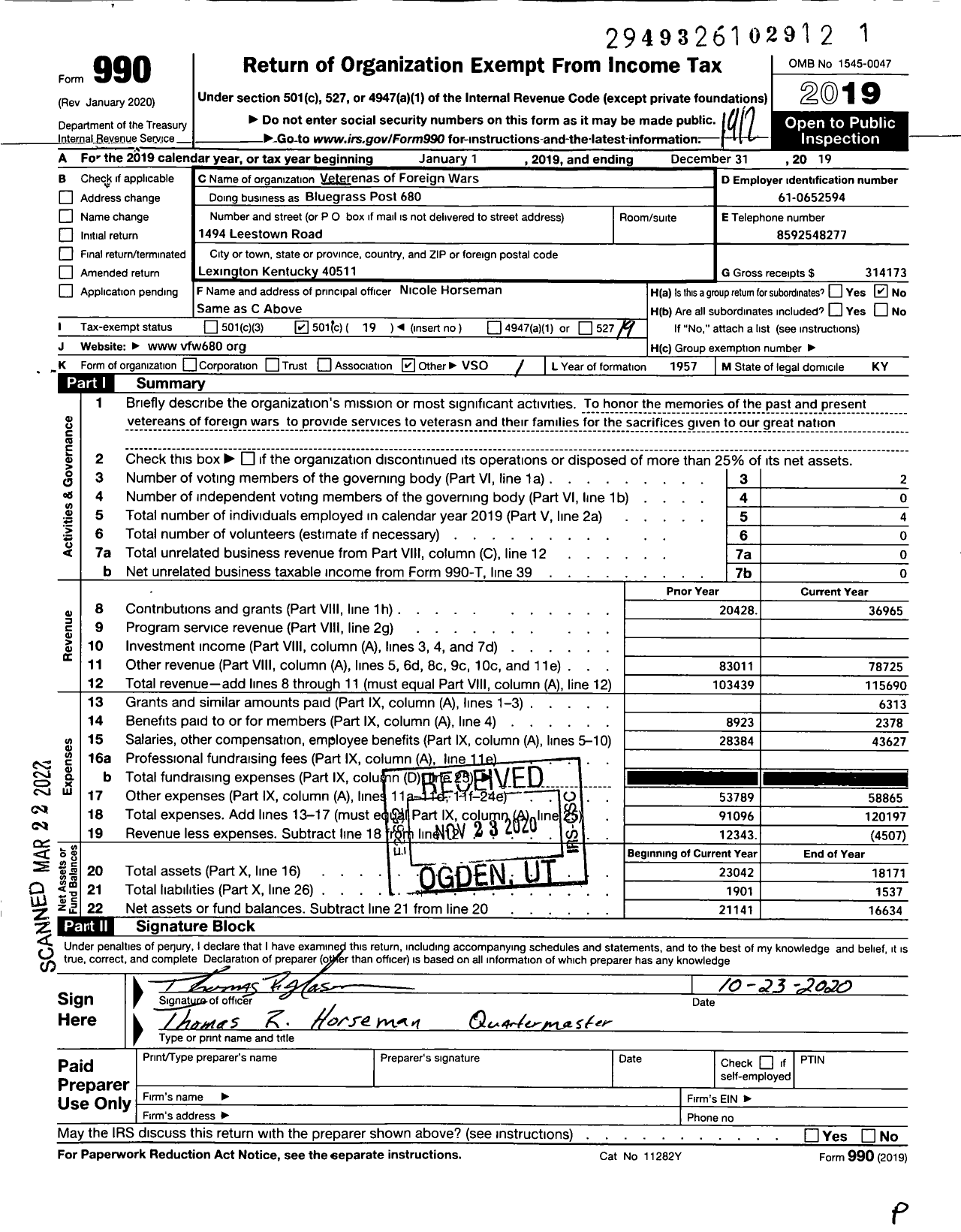 Image of first page of 2019 Form 990O for Veterans of Foreign Wars Dept of Kentucky - Blue Grass Post 680